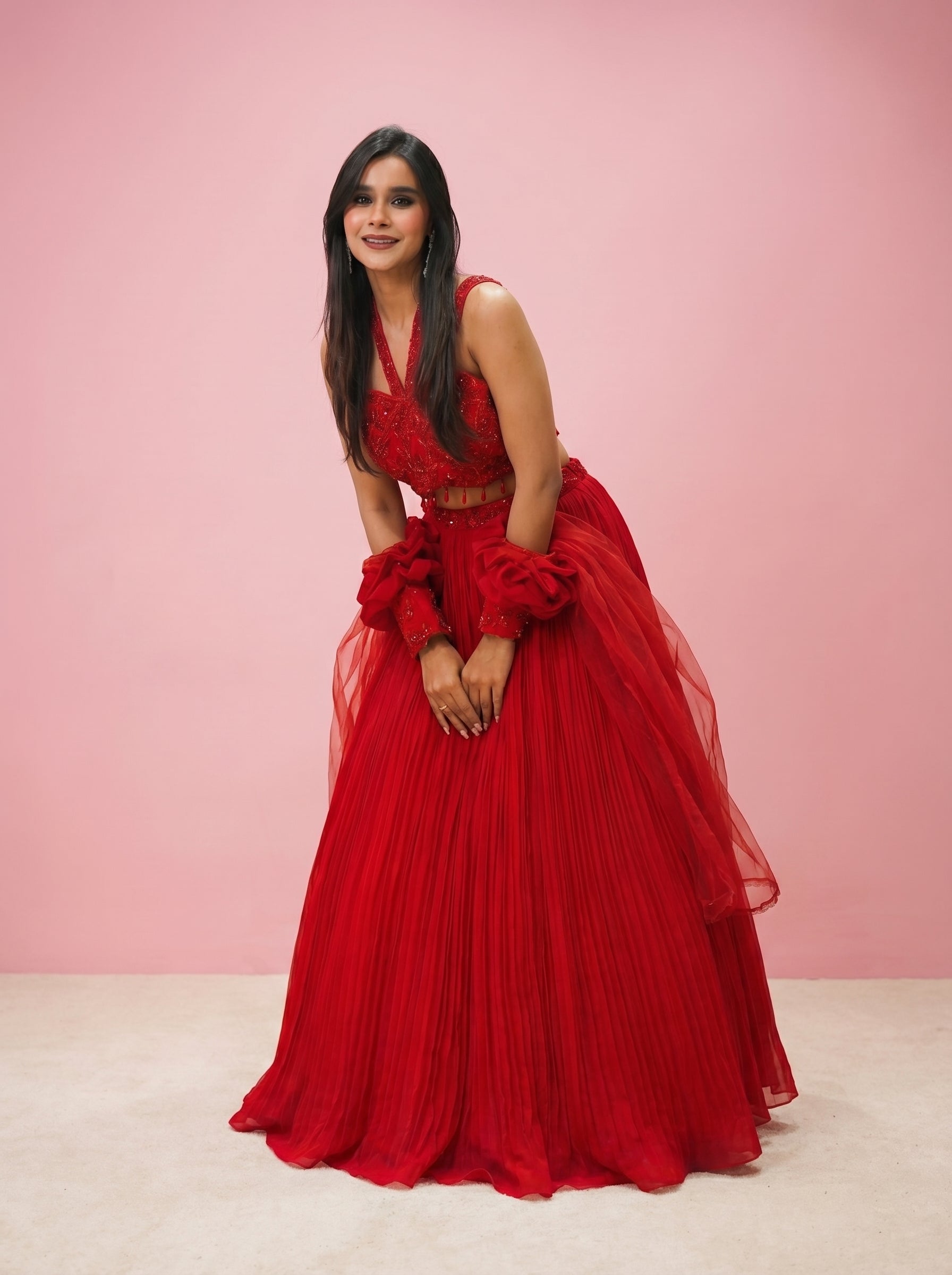 Dark Pink Embroidered Bodice WIth Lehenga and a collar dupatta