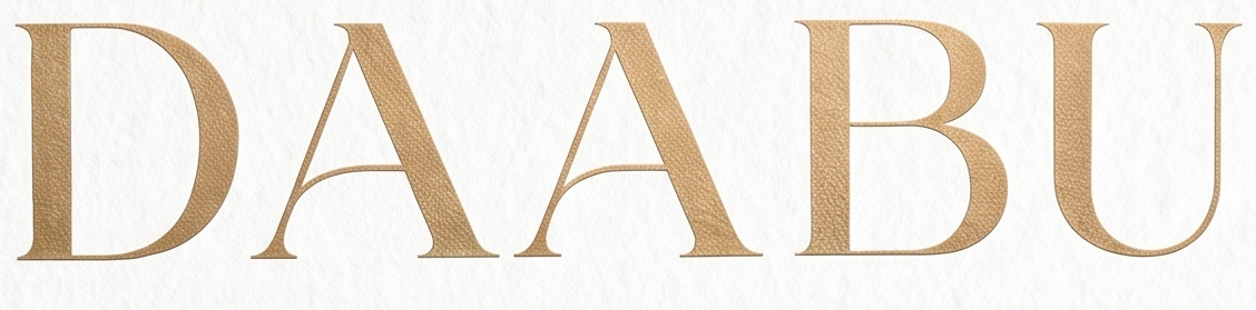 DAABU logo in gold serif lettering on a white textured background, with the tagline 'MENS | WOMENS | OCCASION WEAR' below.