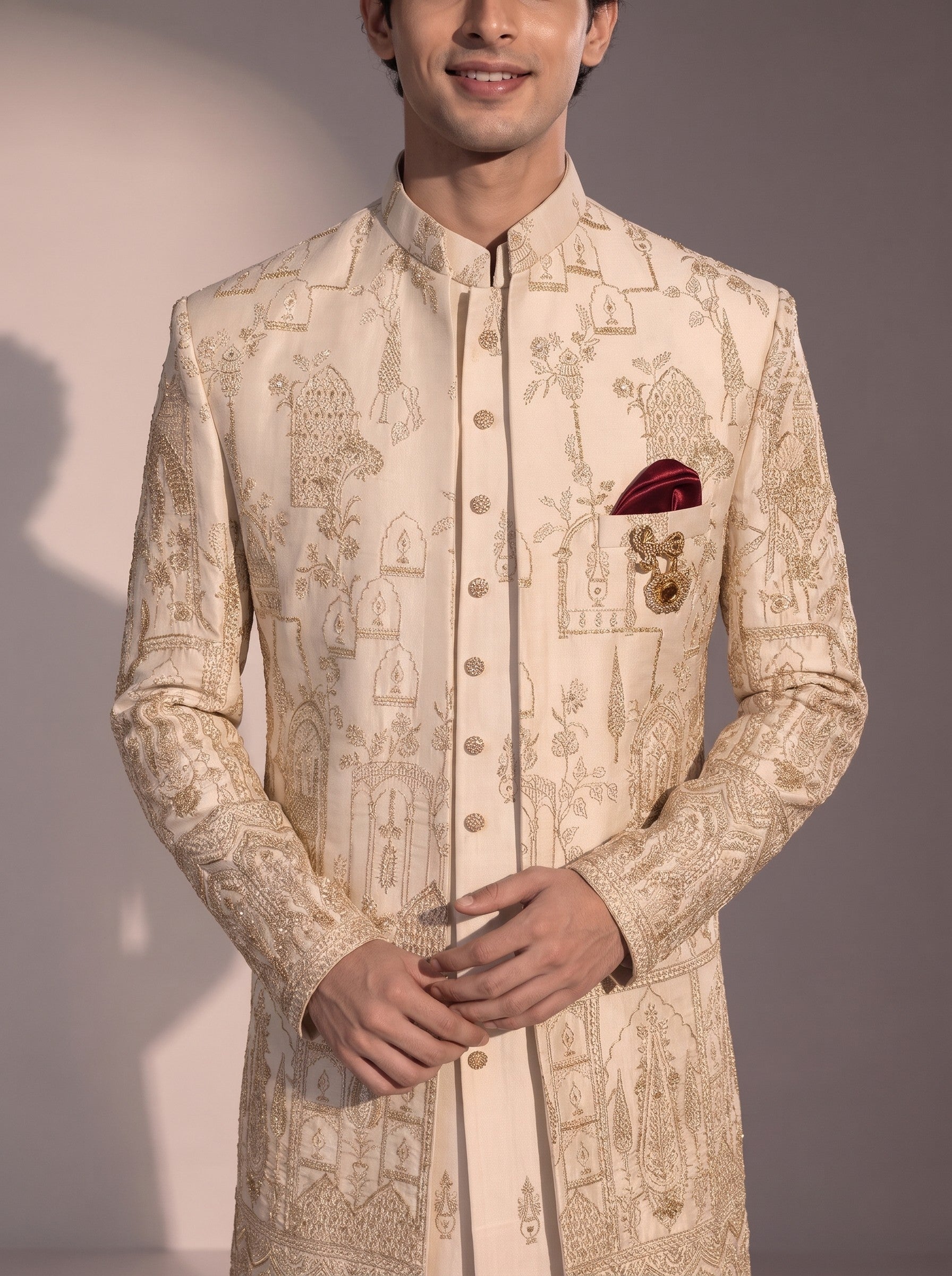 Cream Mughal embroidered silk indowestern for men - close-up of collar and embroidery