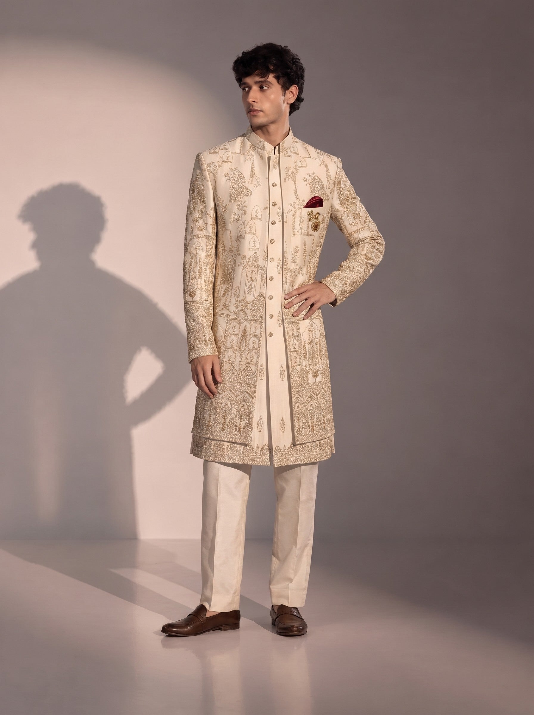 Cream Mughal embroidered silk indowestern for men - front view