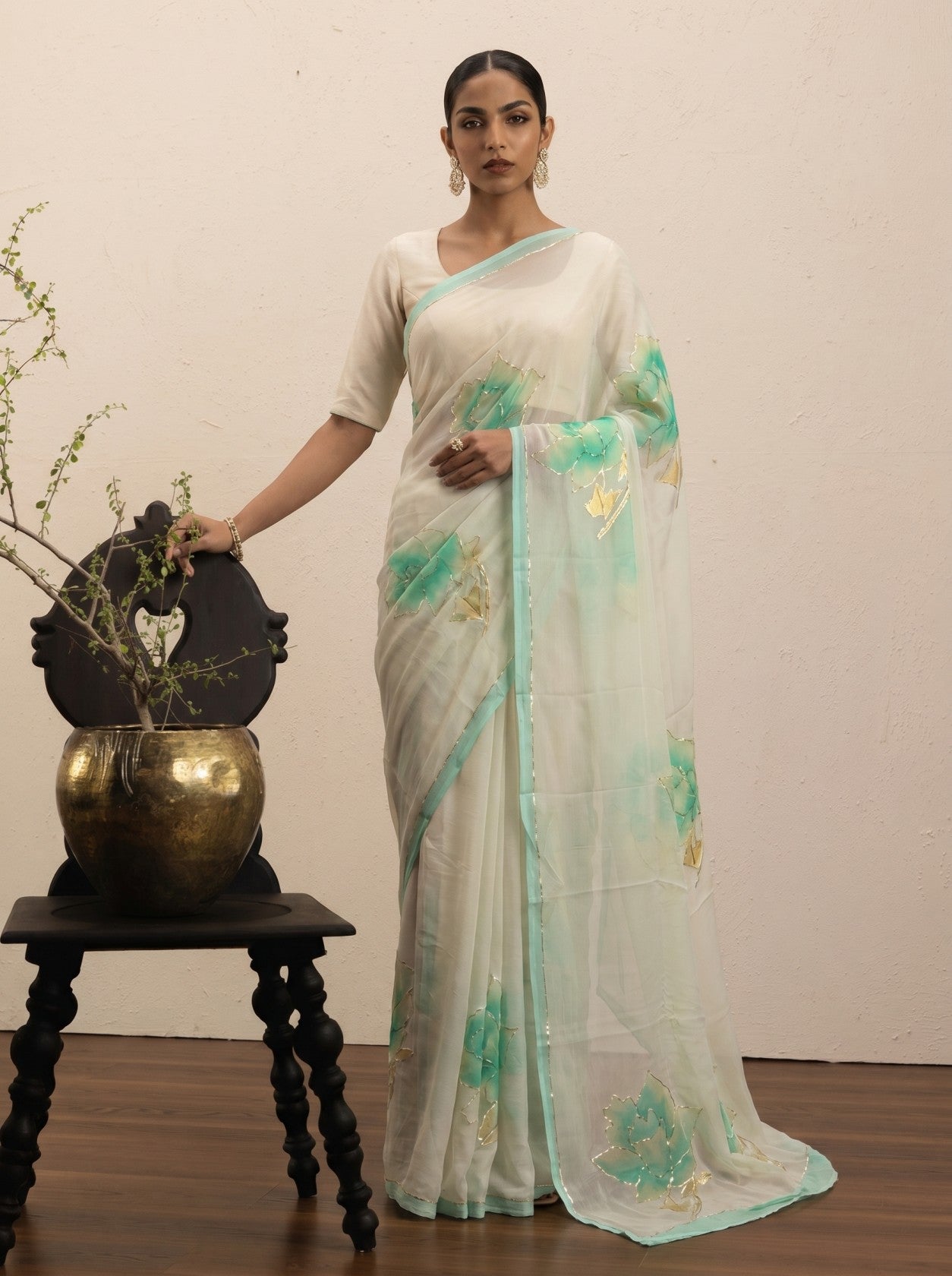 Cream Handprinted Saree