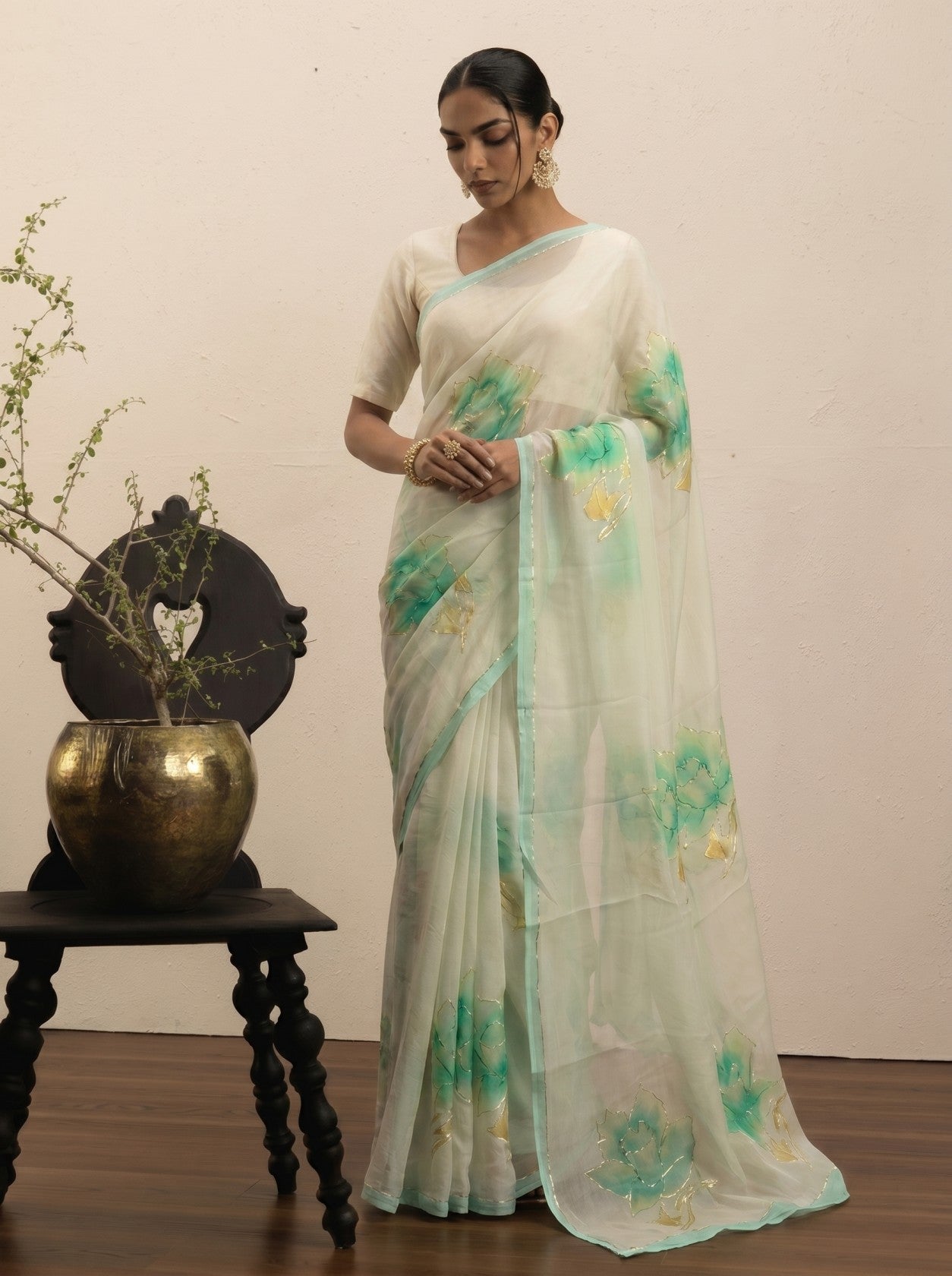 Cream Handprinted Saree