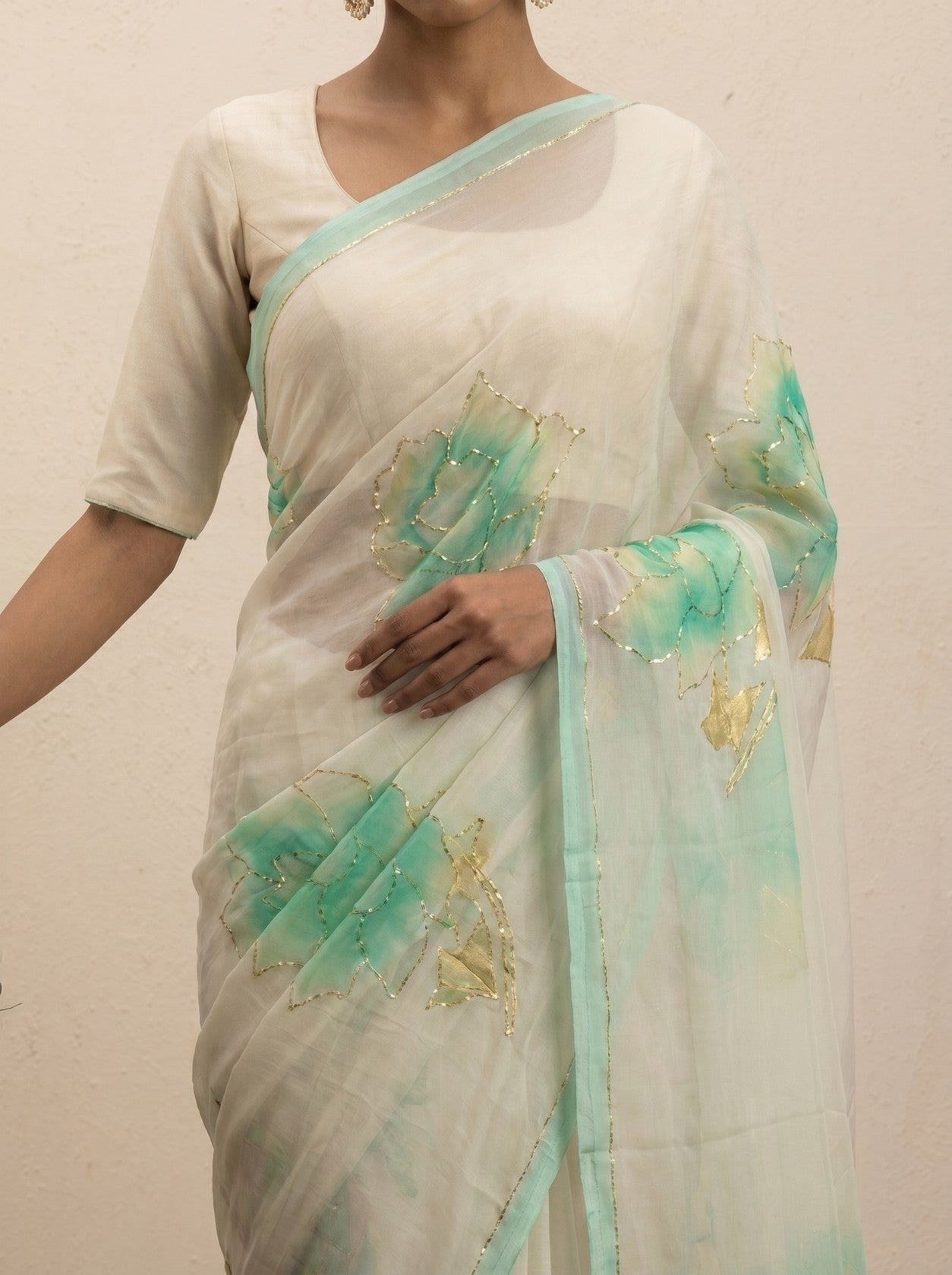 Cream Handprinted Saree