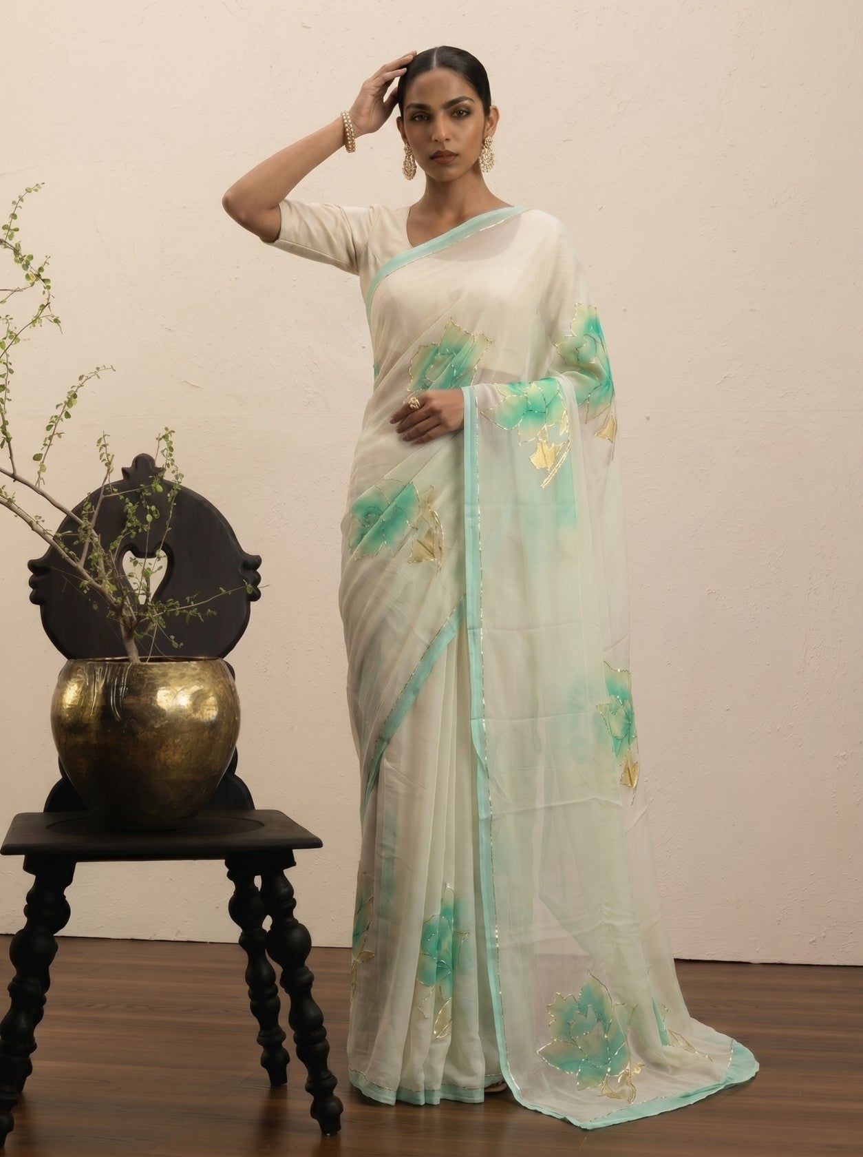 Cream Handprinted Saree