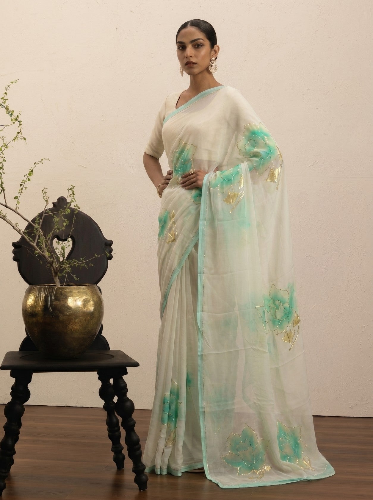Cream Handprinted Saree