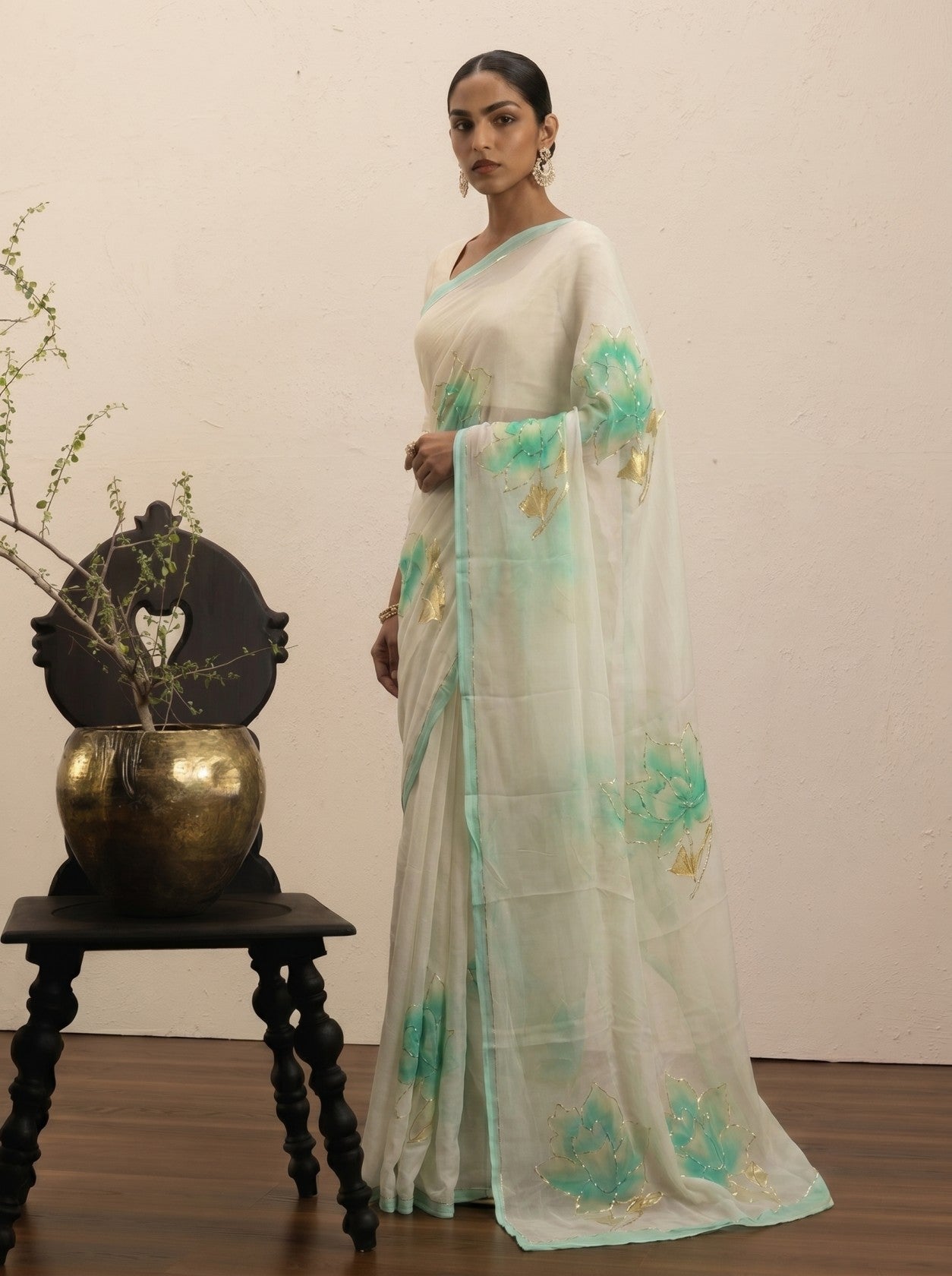 Cream Handprinted Saree
