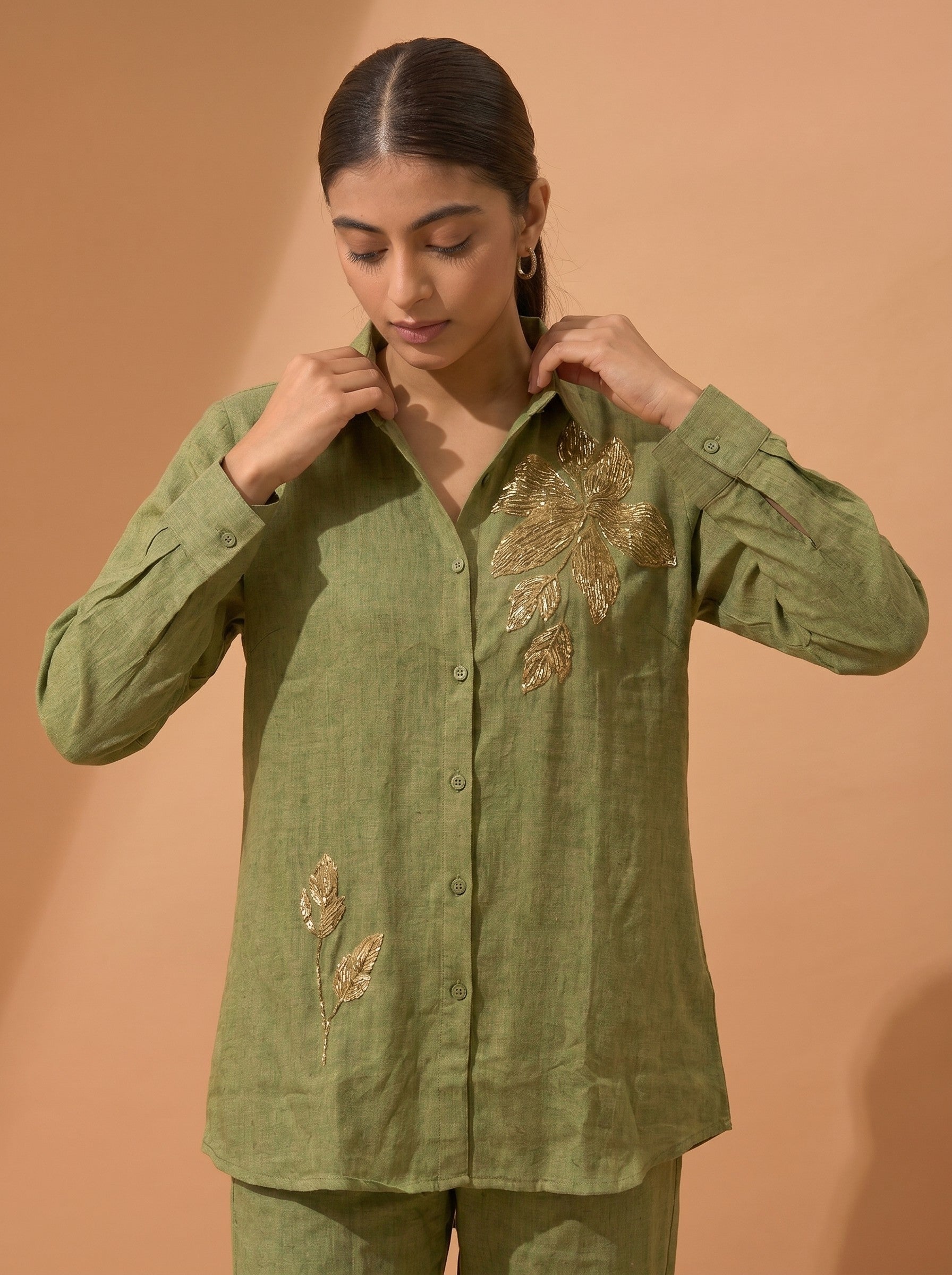 Green Embroidered Cotton Co-Ord Set