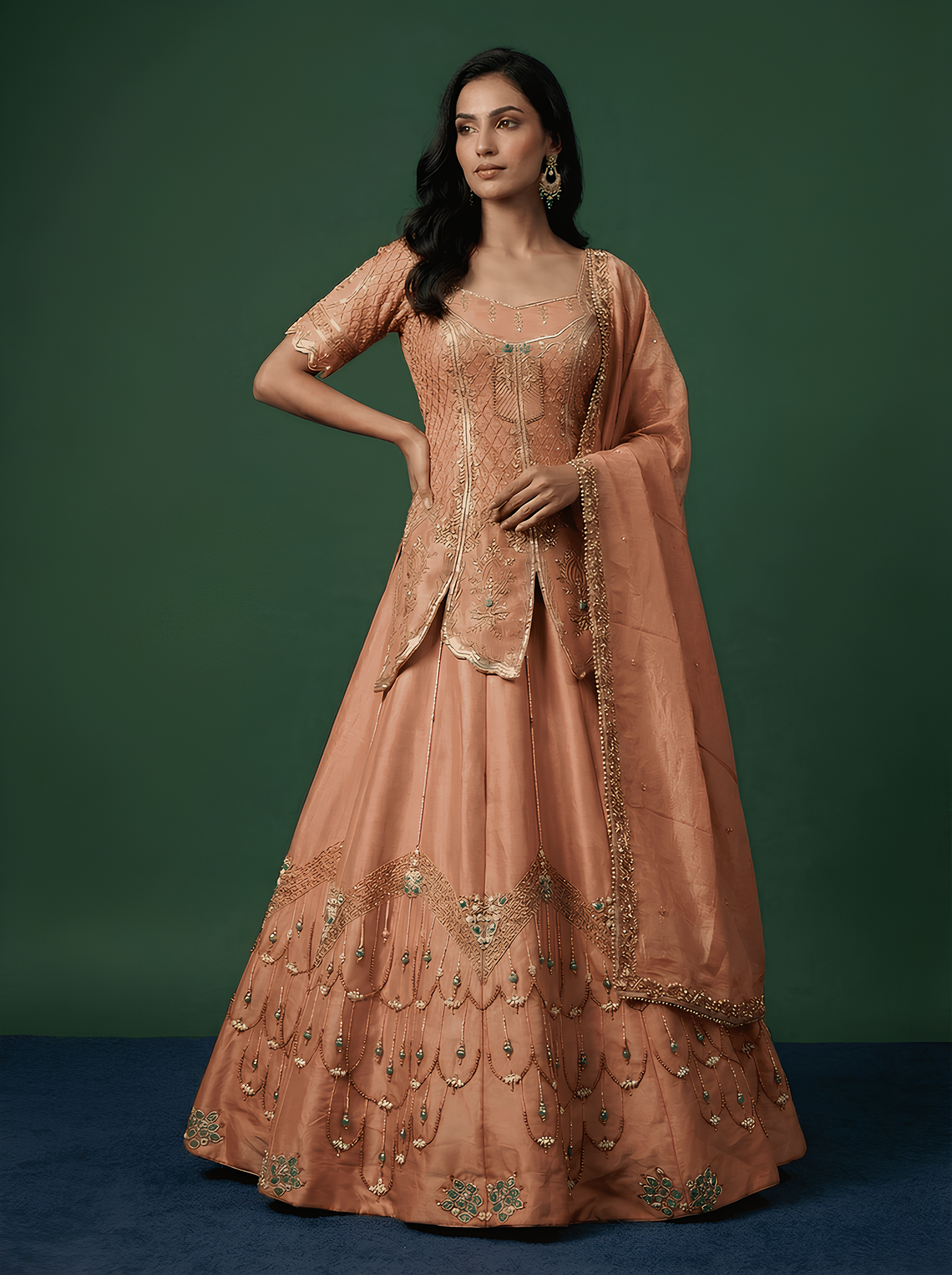 Peach Hand Embroidered Long Kurti With Lehenga