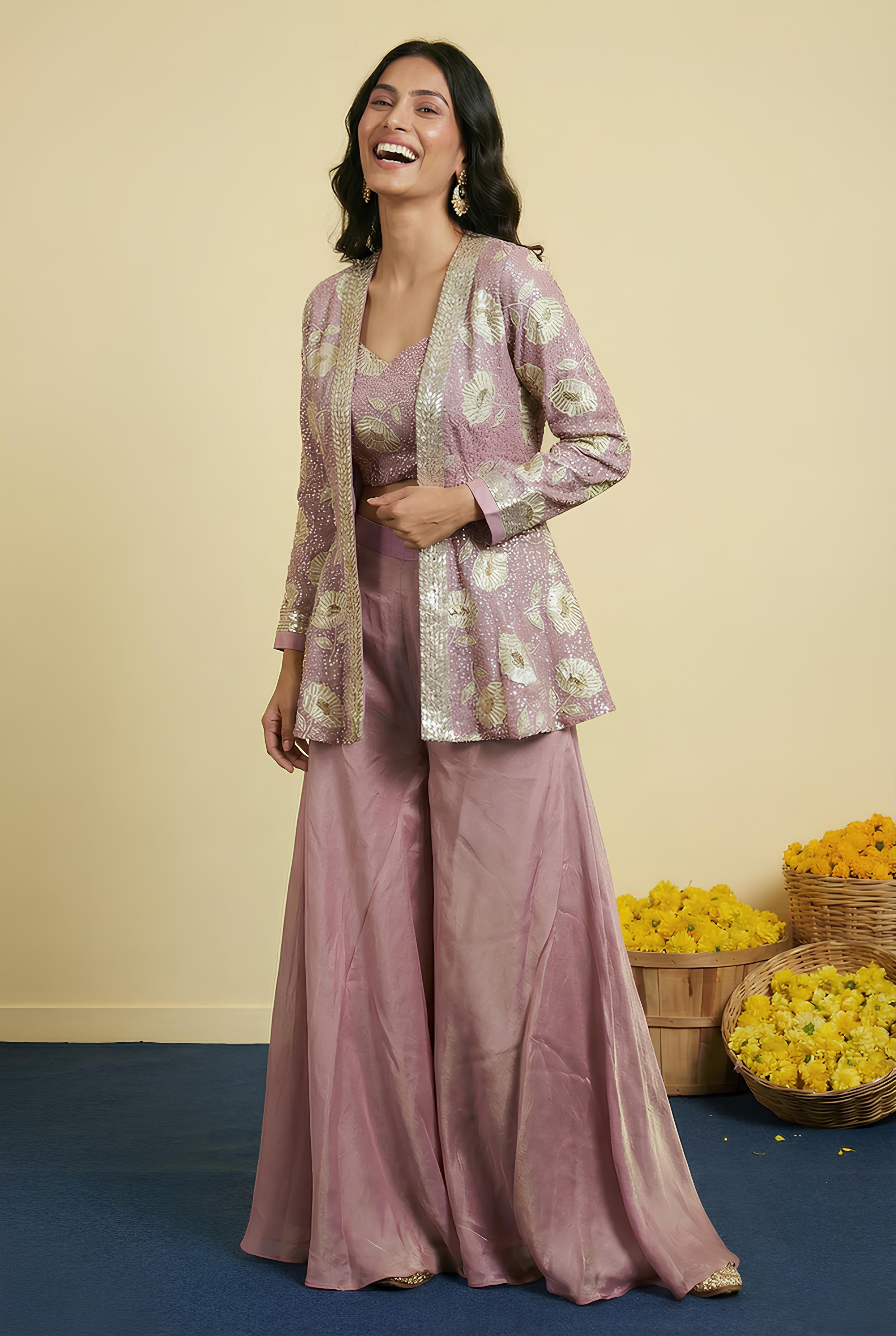 Pink Embroidered Top With Jacket & Bottom