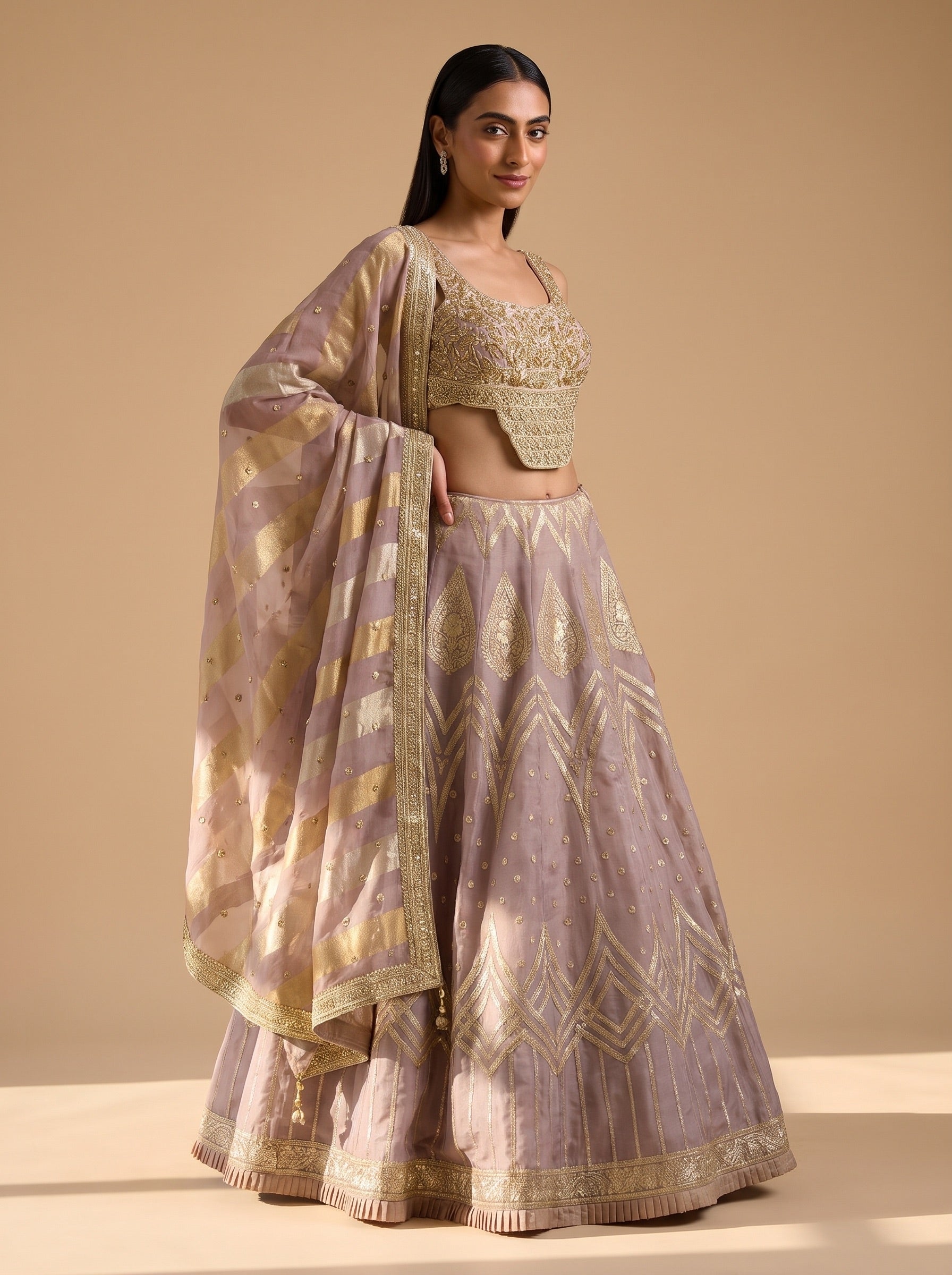 Mauve silk lehenga set in front three-quarter view showing the skirt and dupatta