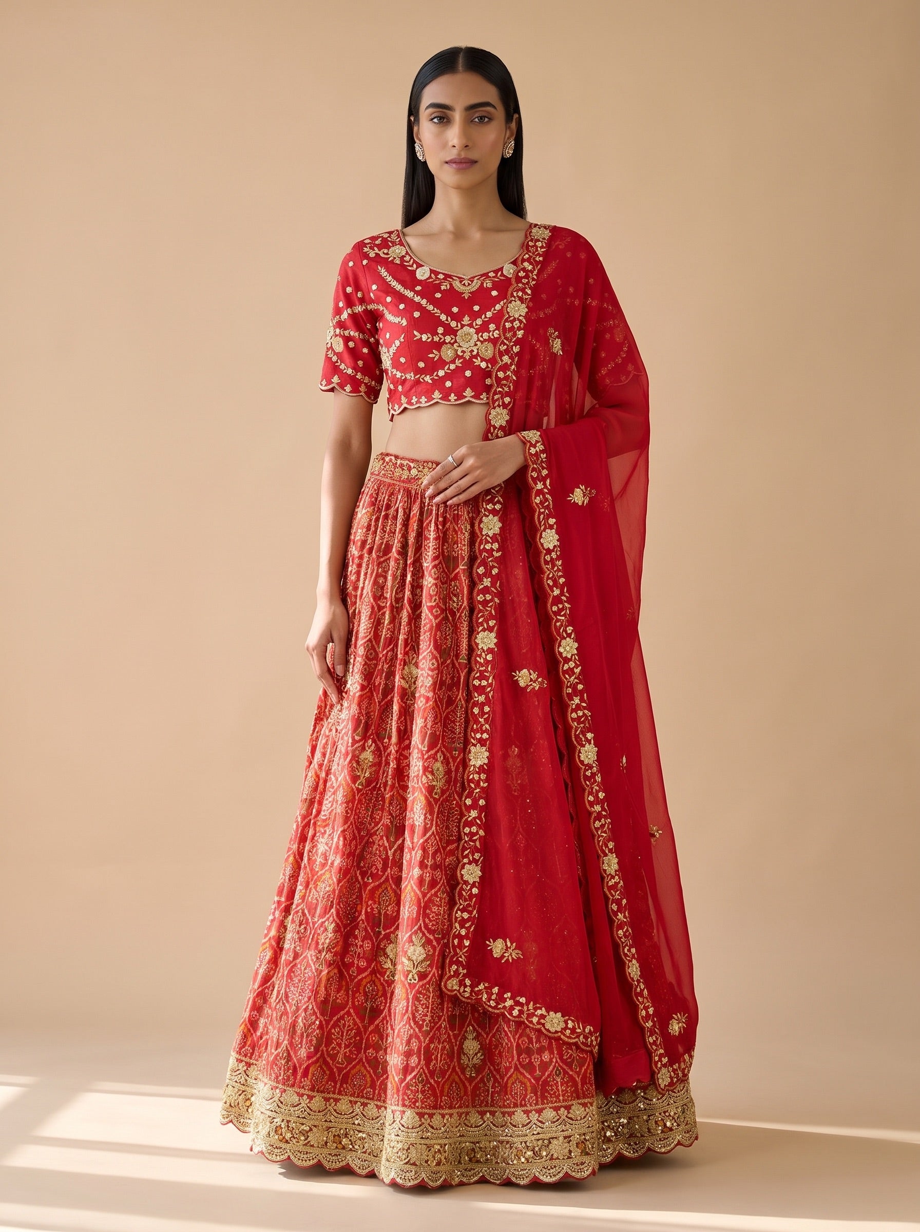 Front view of Daabu Jaipur red silk lehenga set with gold floral embroidery and matching dupatta