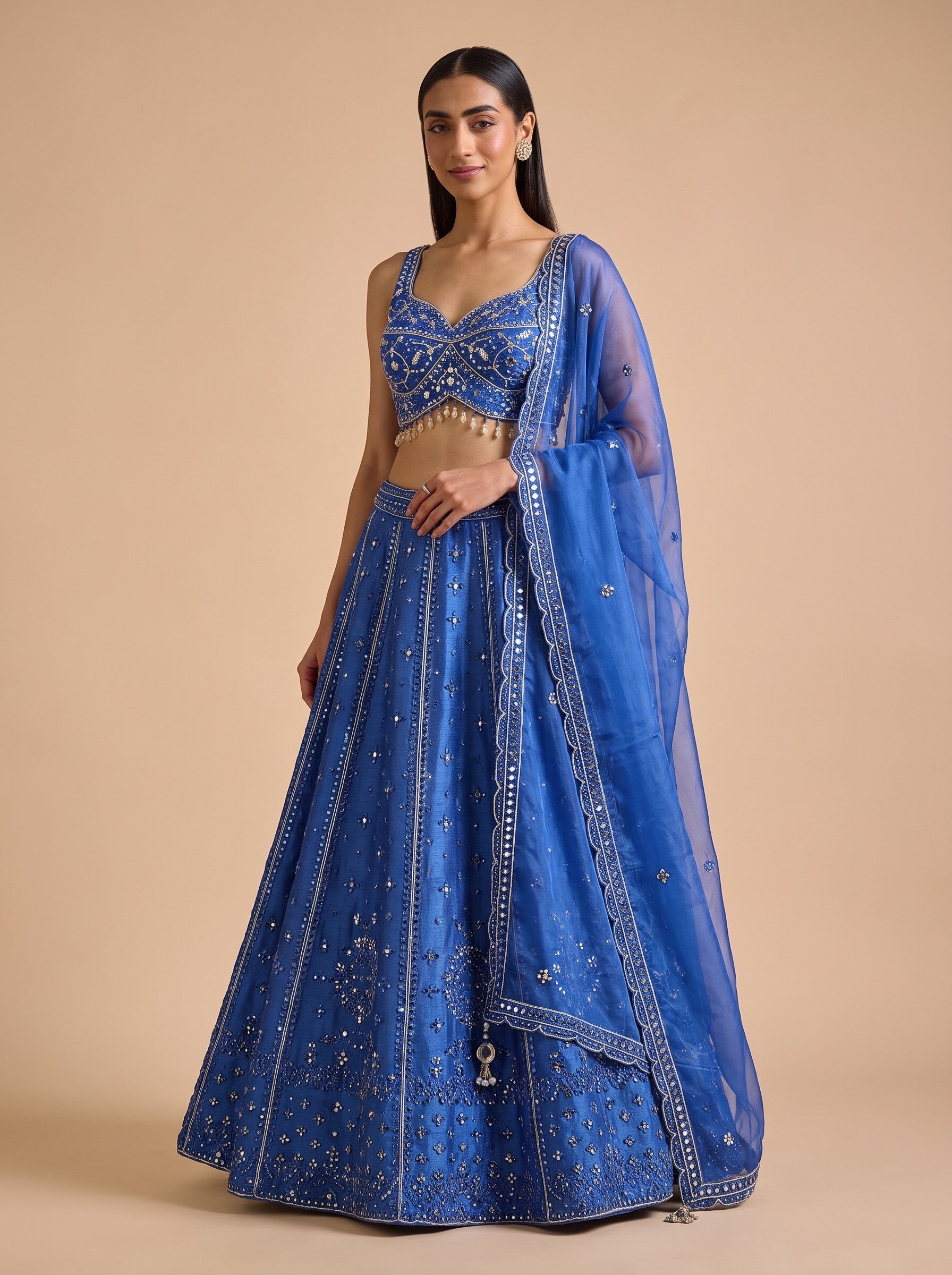Royal Blue silk lehenga set in front three-quarter view showing the skirt and dupatta