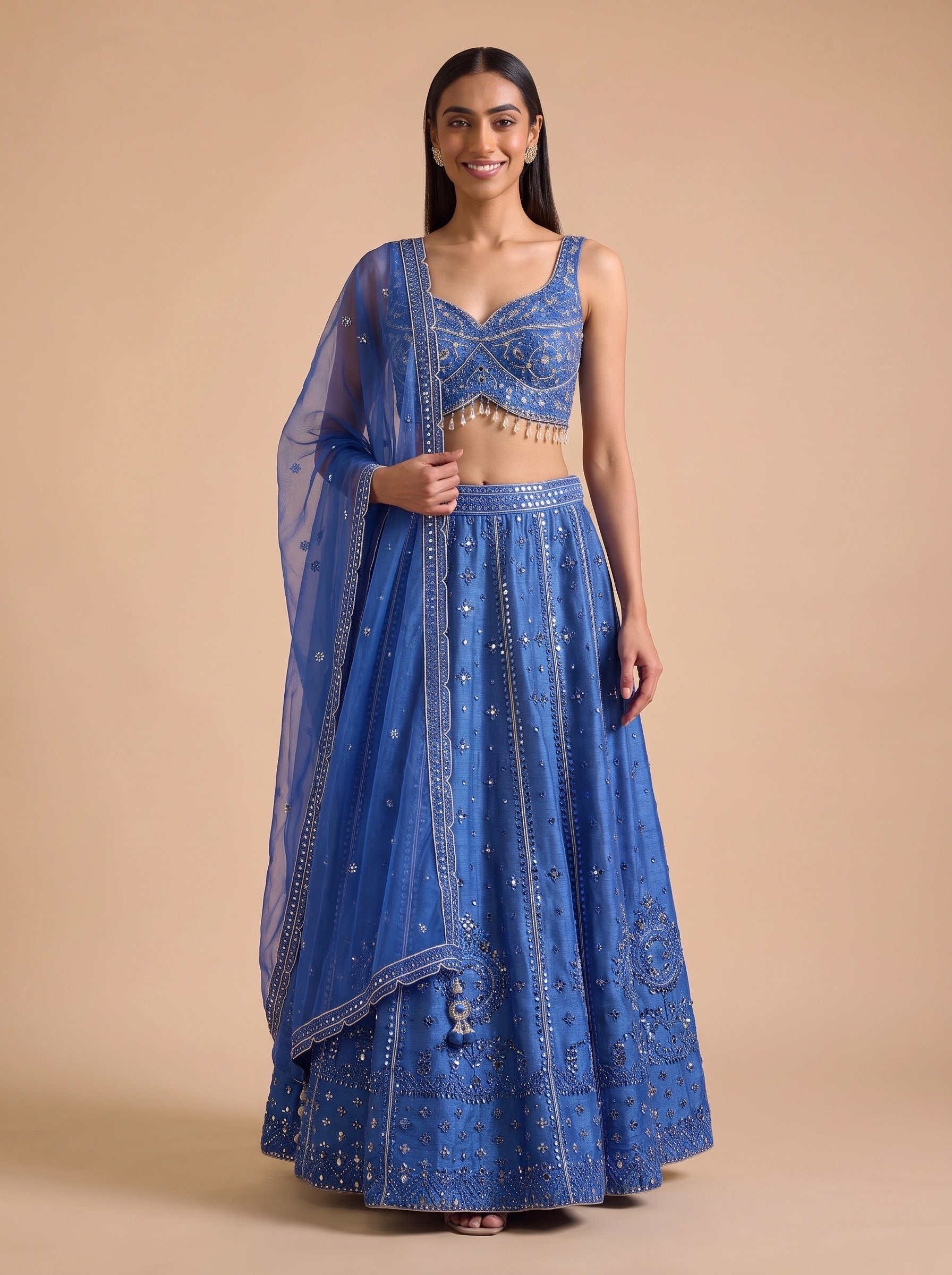 Royal Blue silk lehenga set showing natural skirt movement and decorative hem