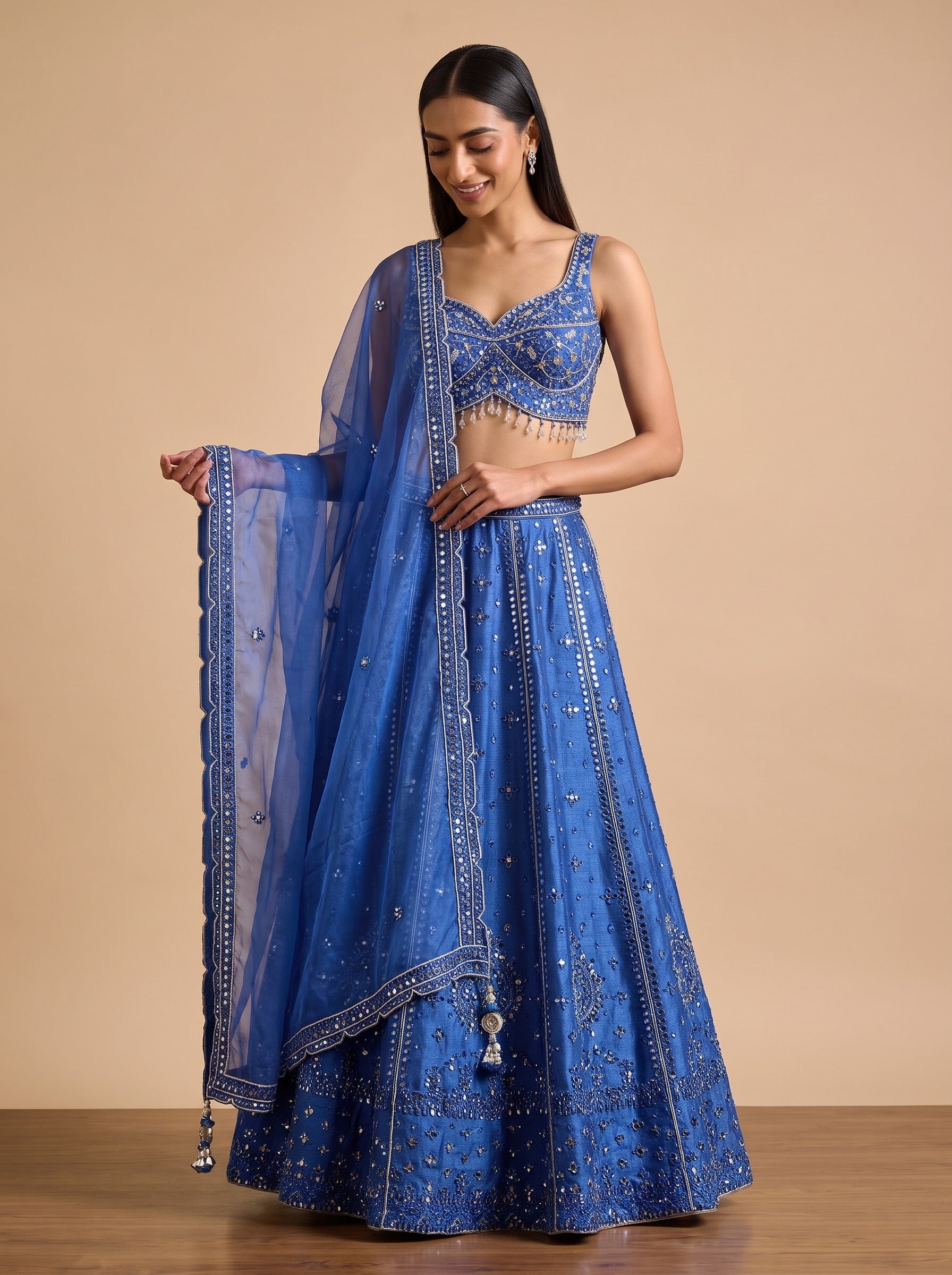 Detail of the royal blue silk lehenga blouse, waistband and matching dupatta
