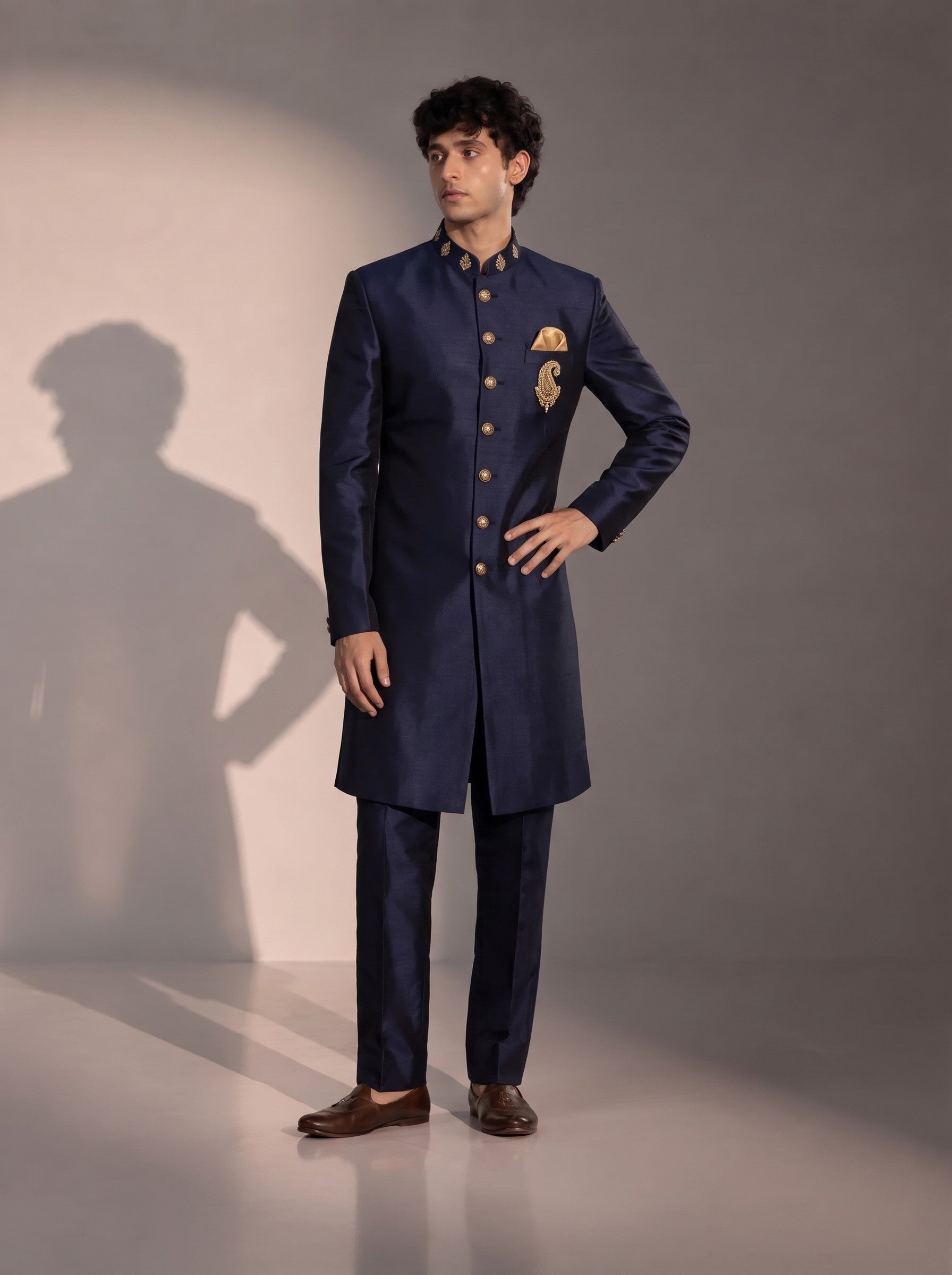 Dark navy silk indowestern for men with matching trouser - front view