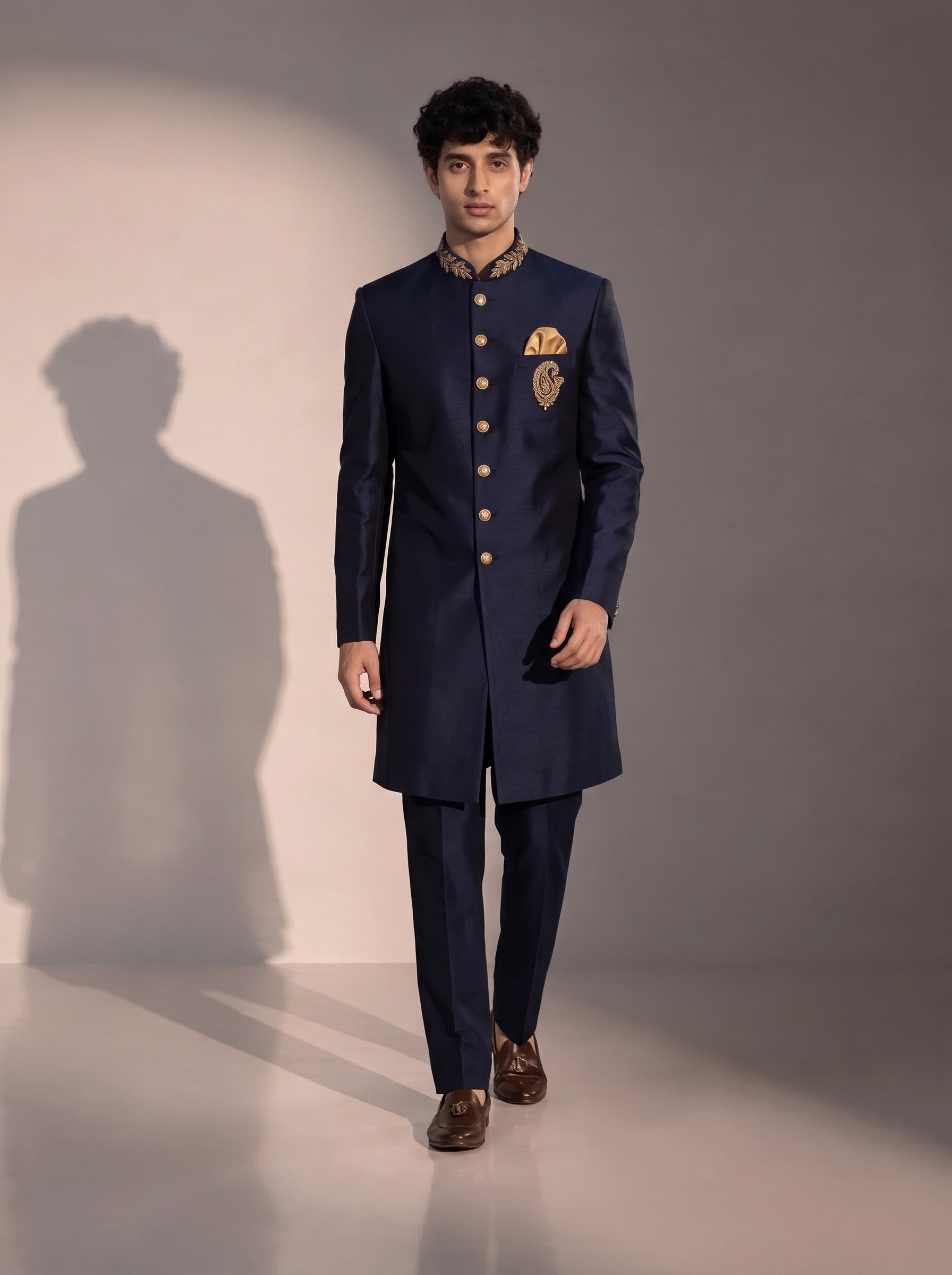 Men's dark navy indowestern with gold collar embroidery for reception and wedding
