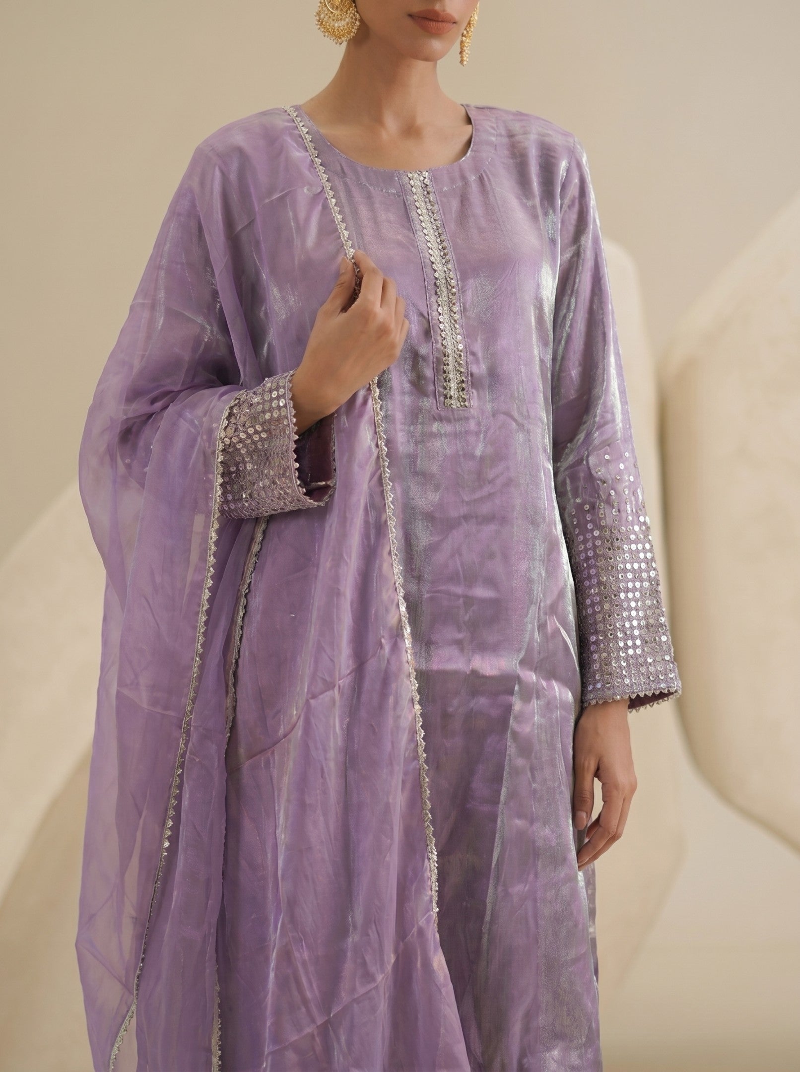 Purple Tissue  Suit Set With Dupatta