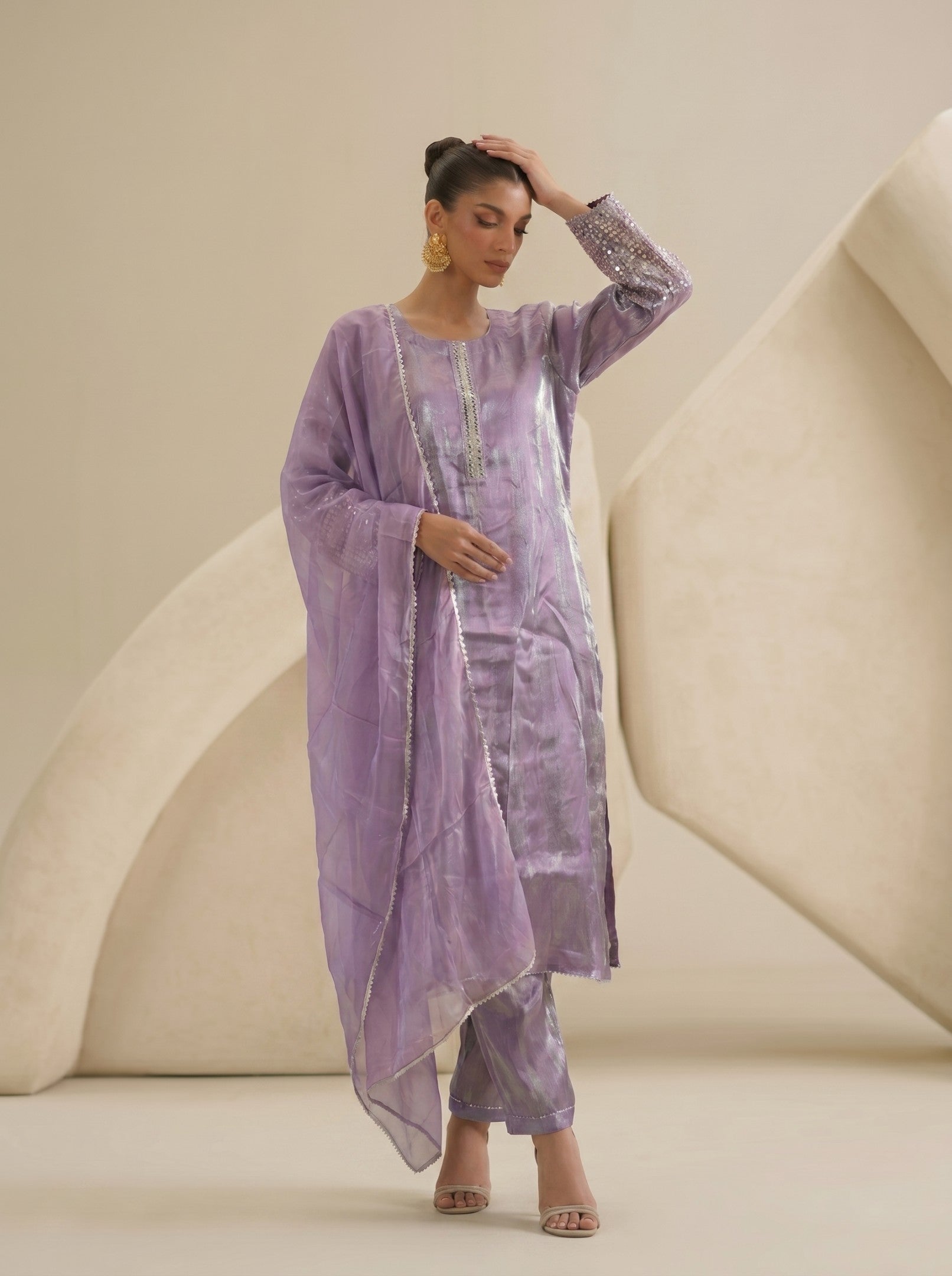 Purple Tissue  Suit Set With Dupatta