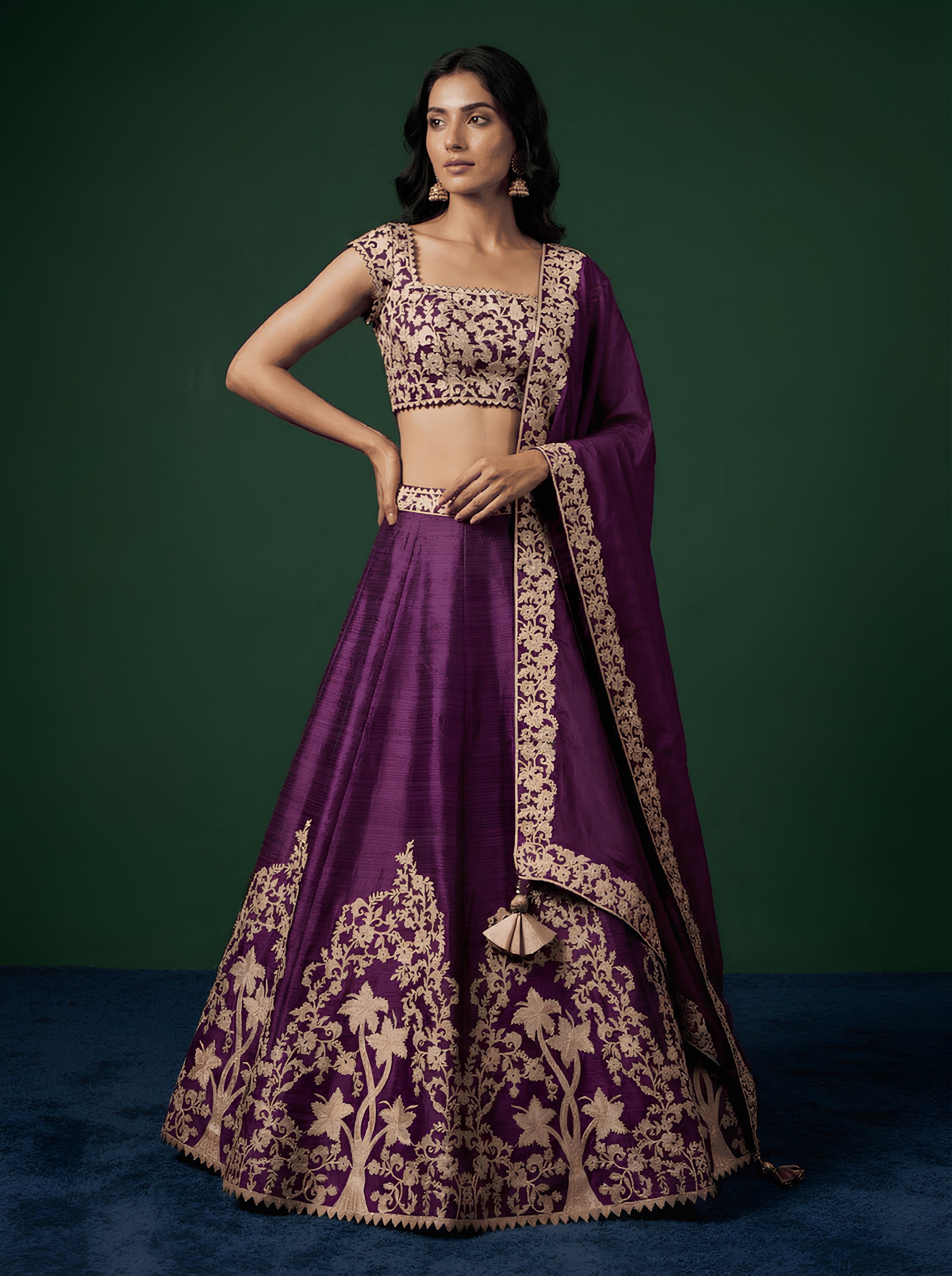 Purple Raw Silk Leather Work Lehenga