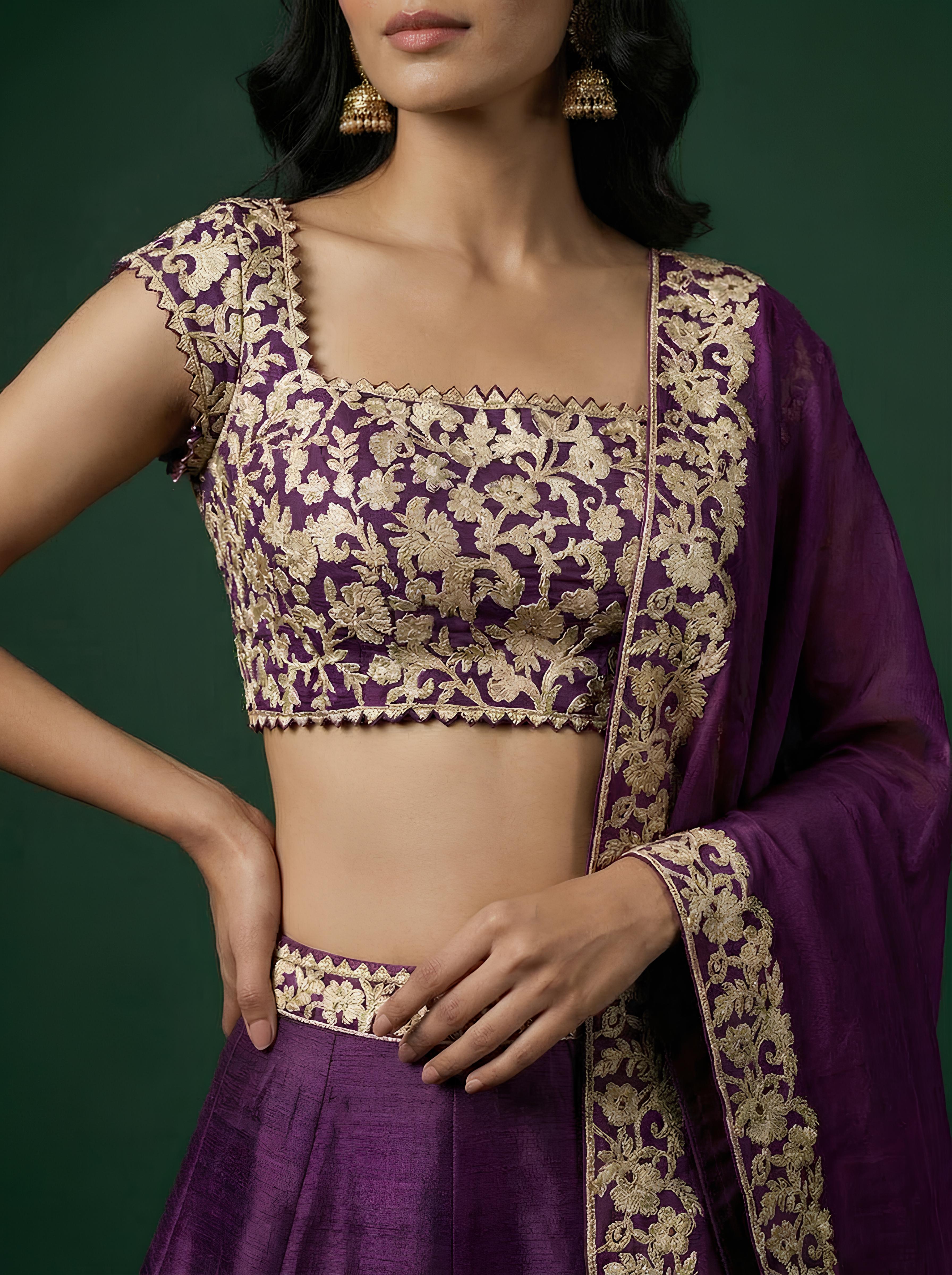Purple Raw Silk Leather Work Lehenga