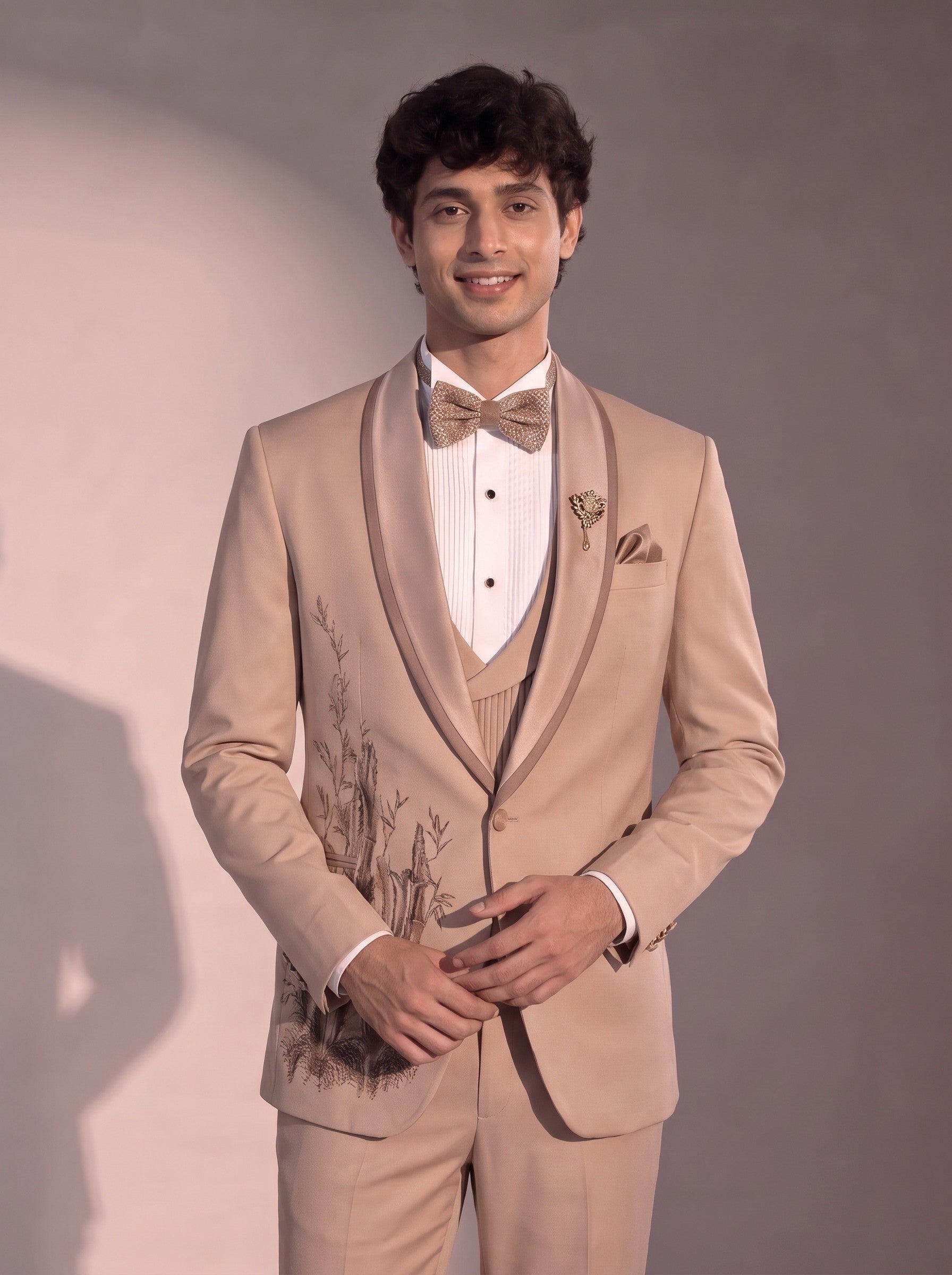 Fawn bamboo embellished tuxedo suit for men - close-up of lapel and detailing