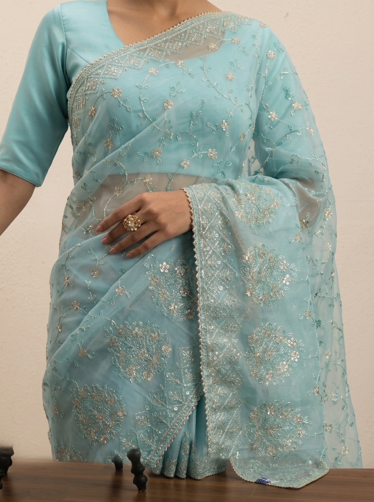 Firozi Floral Embroidered Saree
