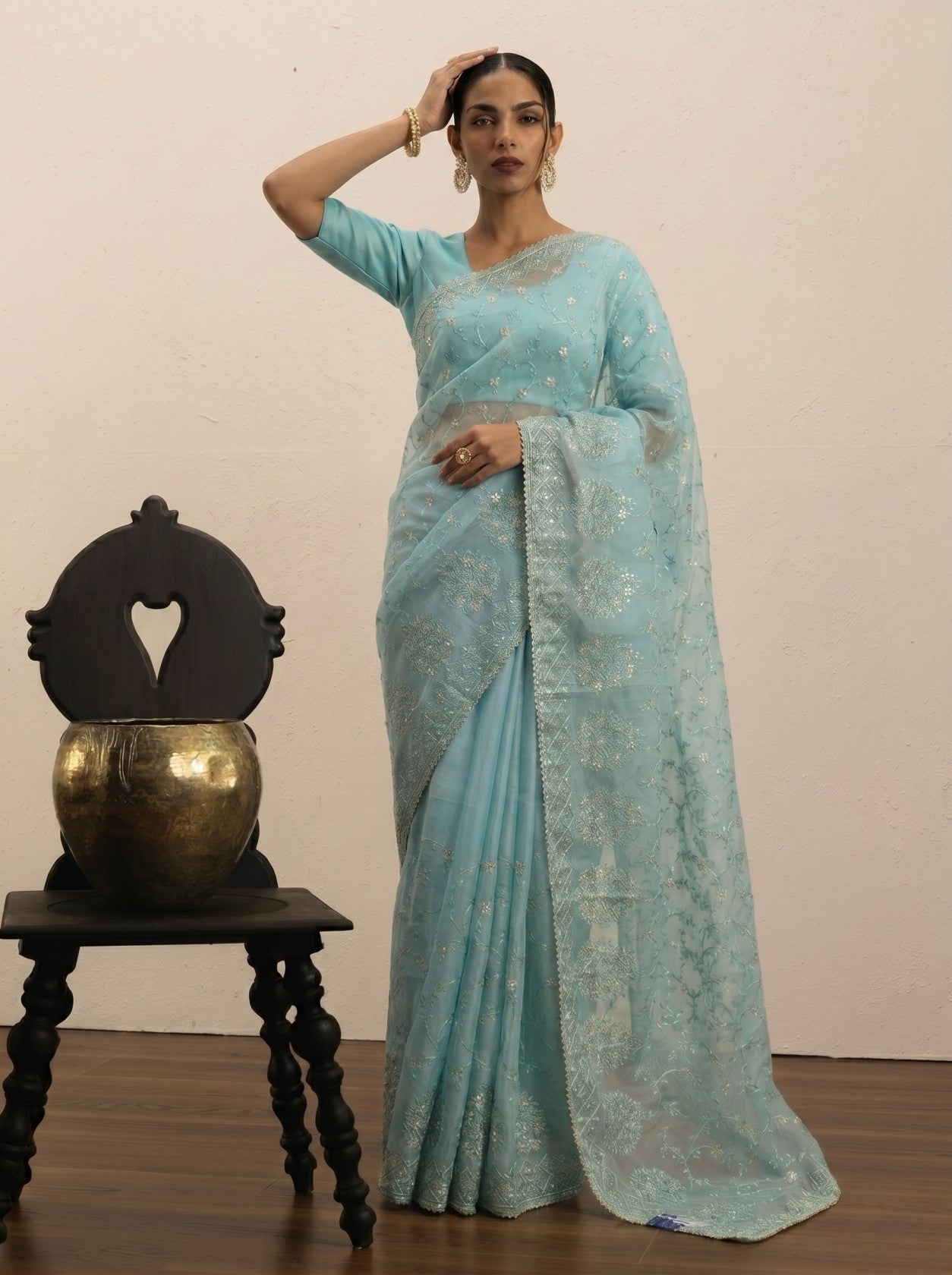 Firozi Floral Embroidered Saree