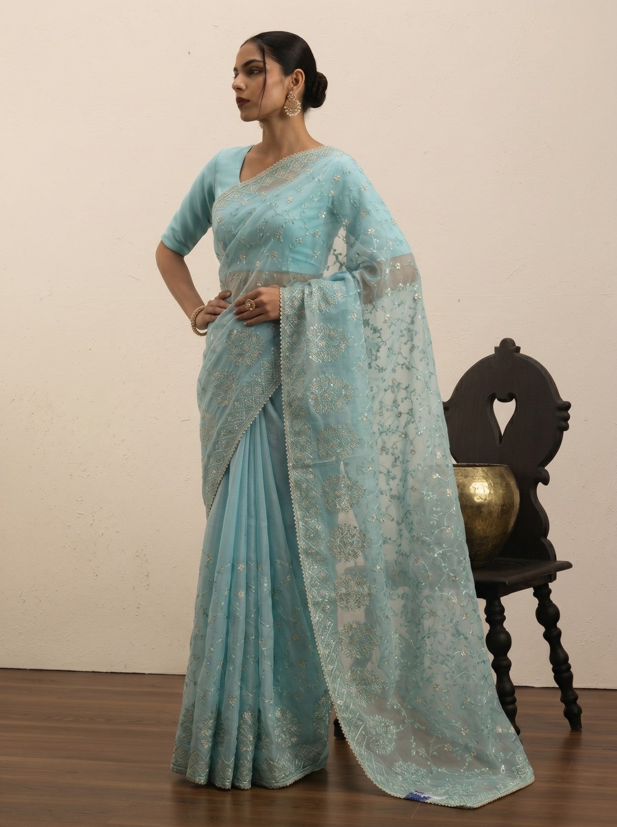 Firozi Floral Embroidered Saree