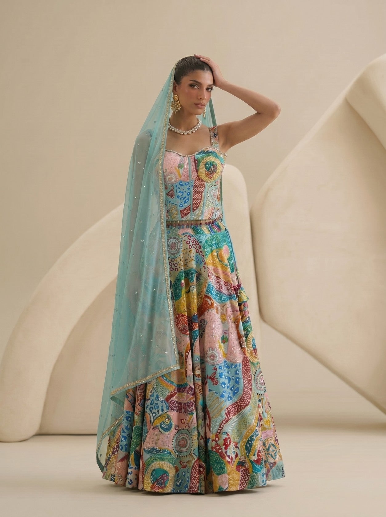 Firozi Printed Lehenga Choli with Net Dupatta