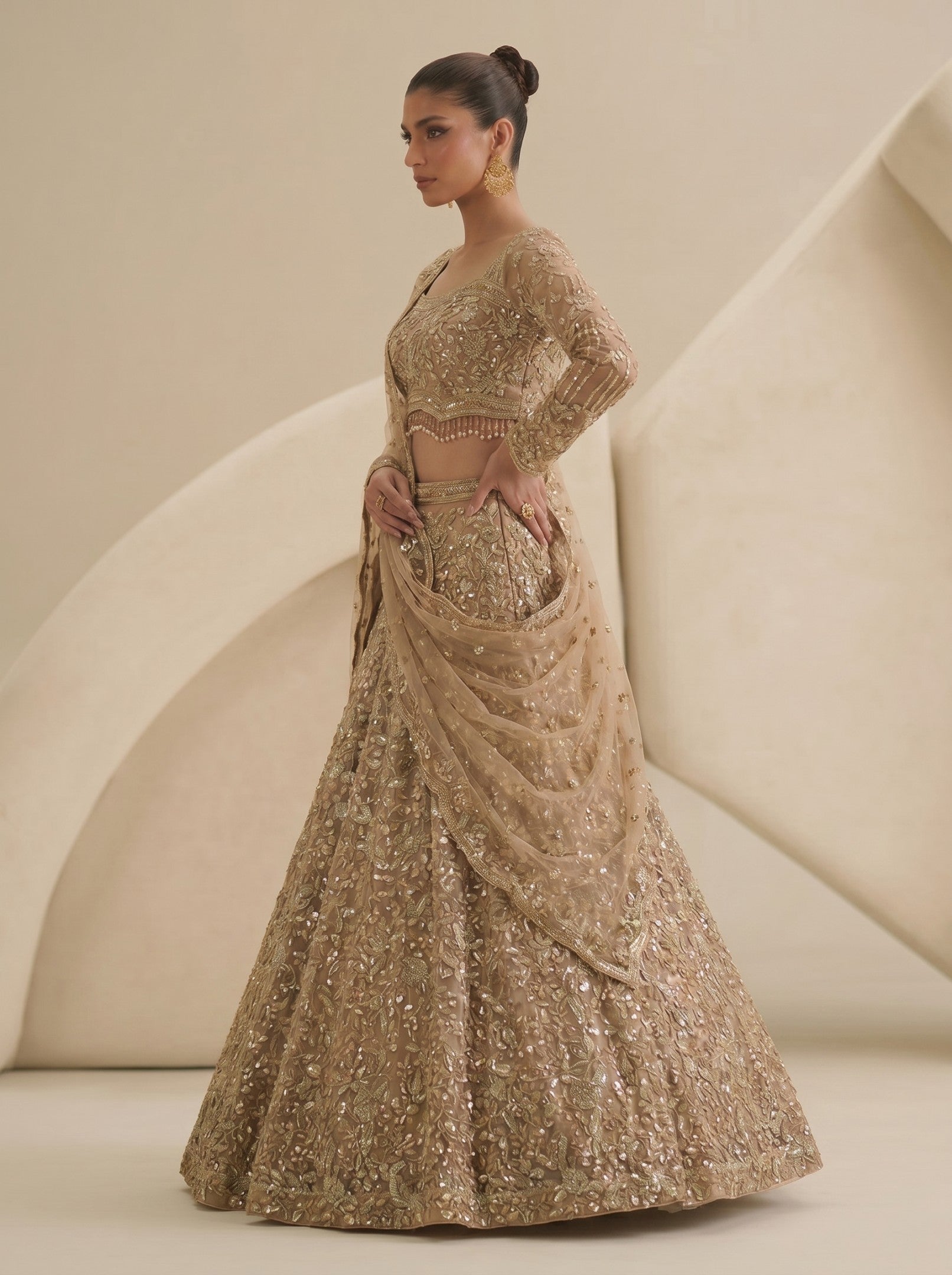 Golden Embroidered Ready Blouse With Lehenga