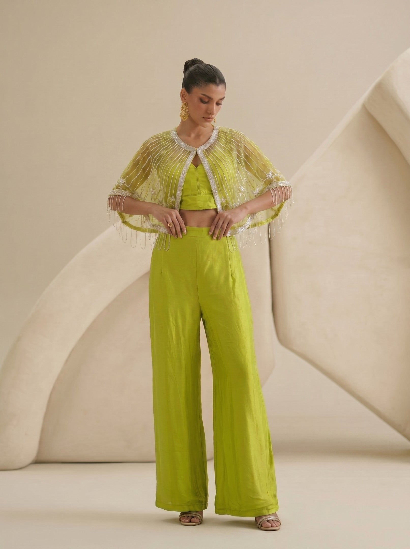 Lime Green Pleated Pant And Crop Top With Embroidered Cap