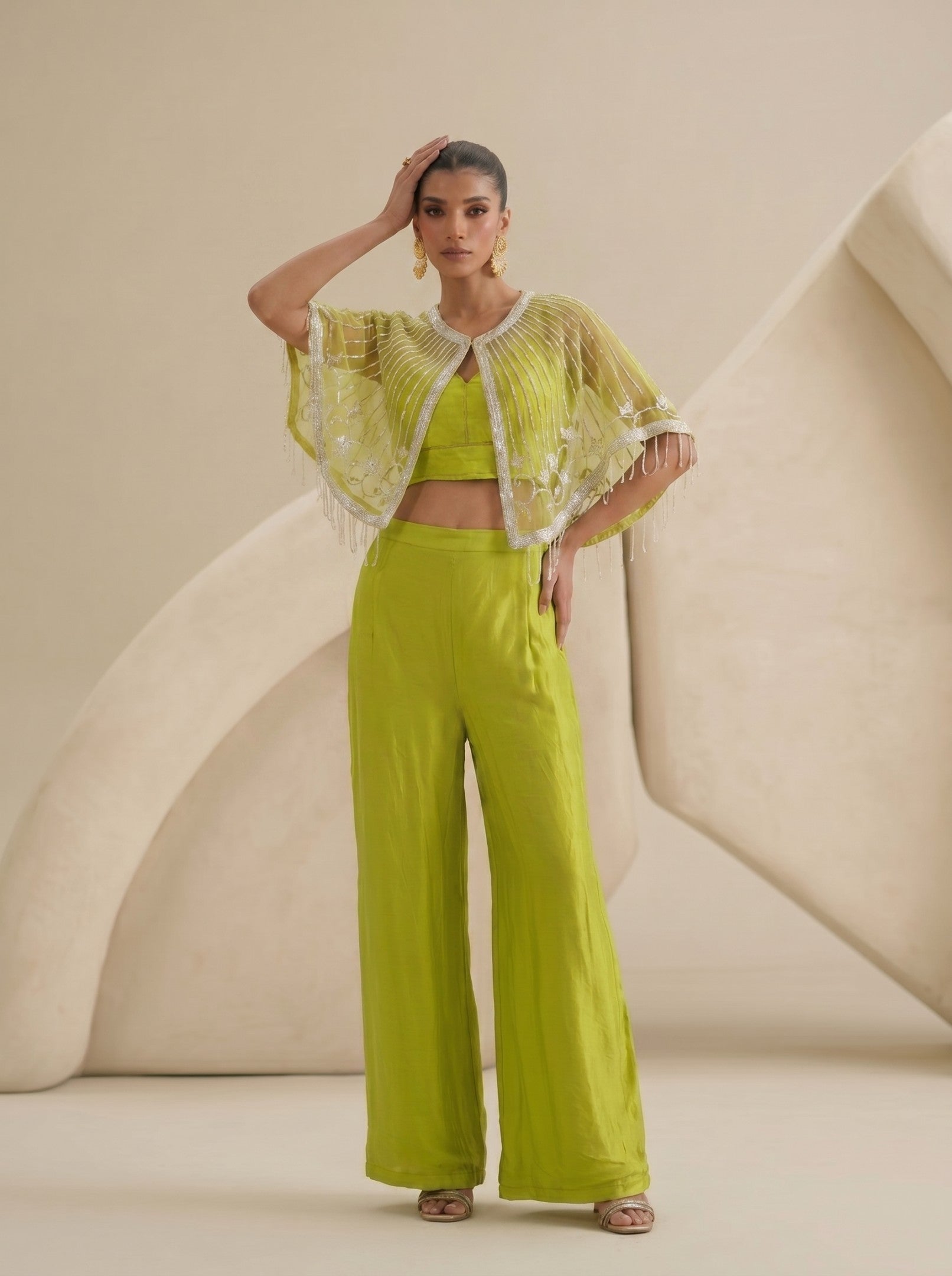 Lime Green Pleated Pant And Crop Top With Embroidered Cap