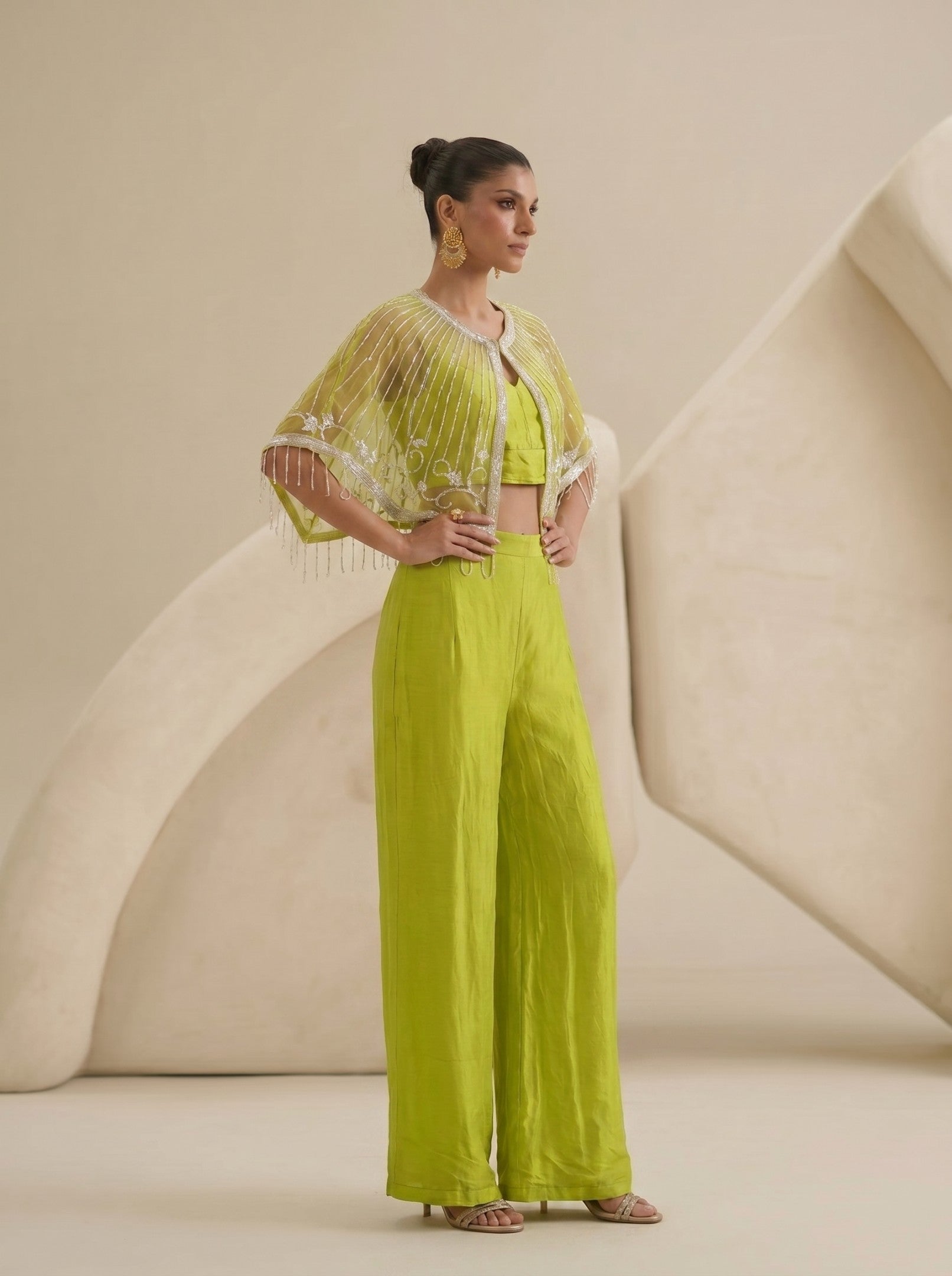 Lime Green Pleated Pant And Crop Top With Embroidered Cap