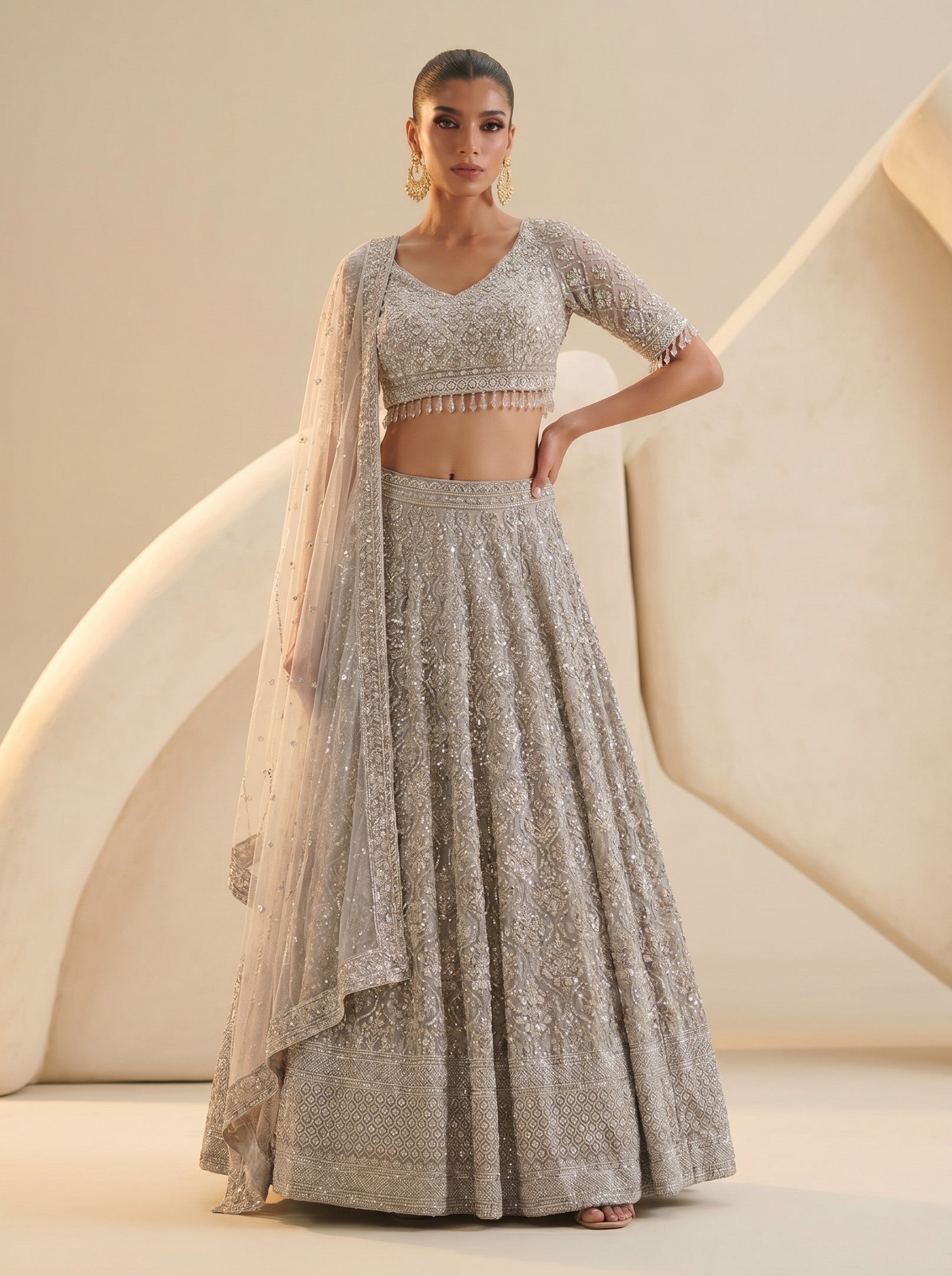 Grey Embroidered Ready Blouse With Lehenga
