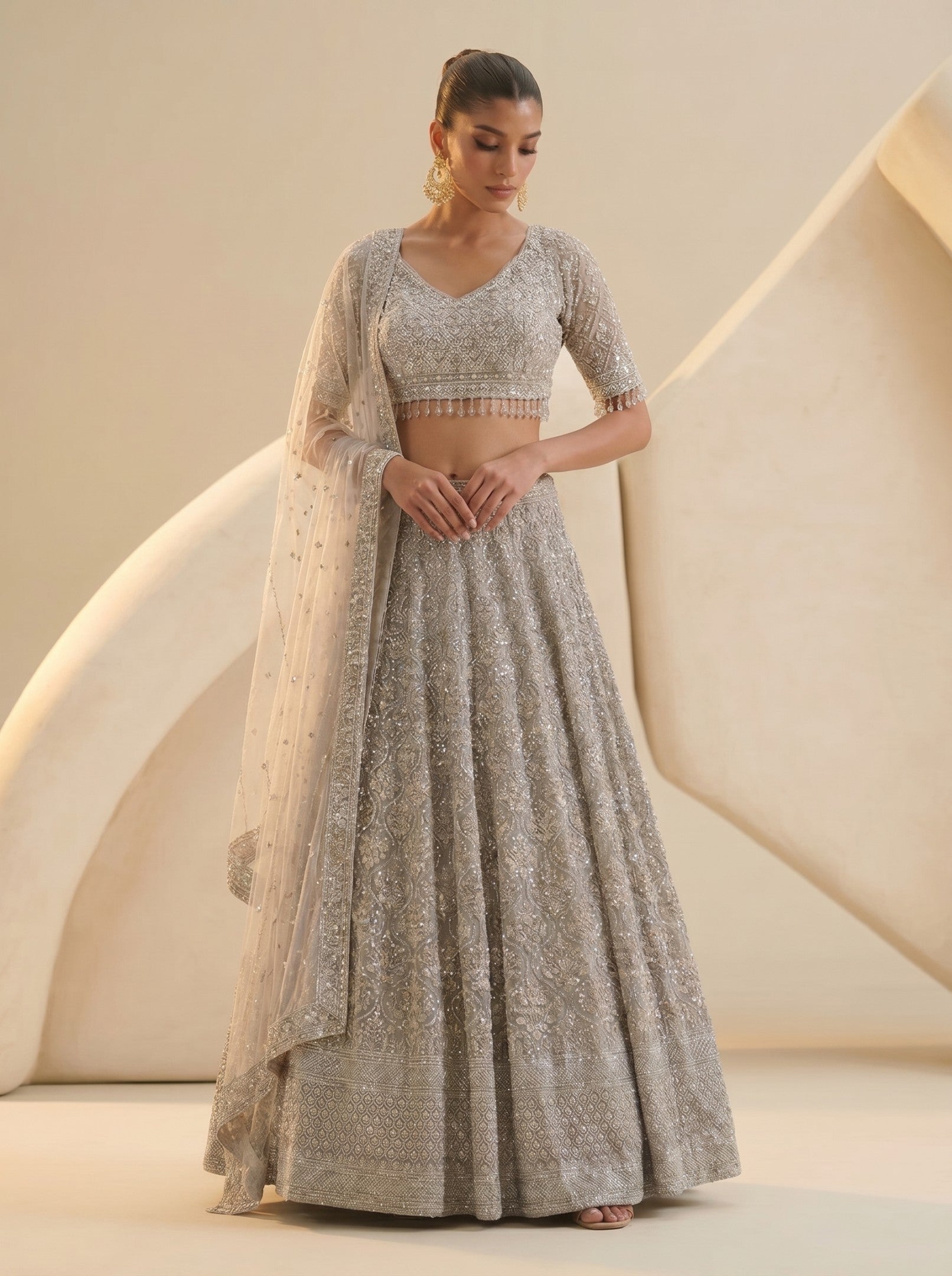 Grey Embroidered Ready Blouse With Lehenga