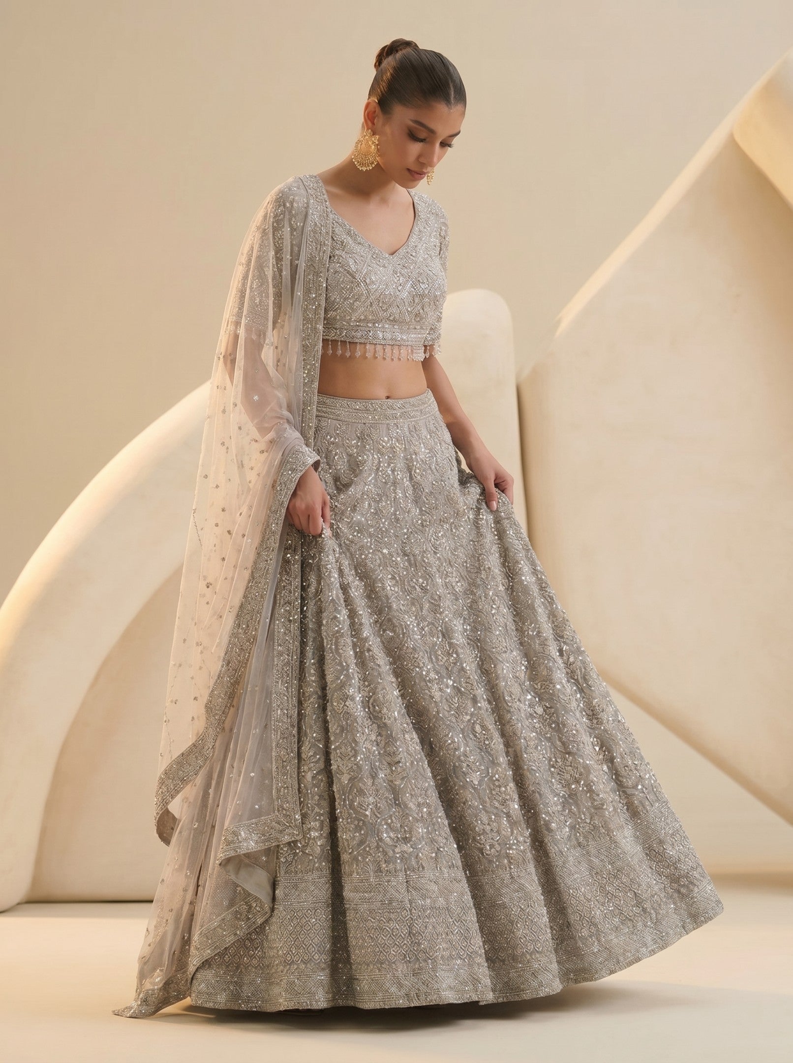 Grey Embroidered Ready Blouse With Lehenga