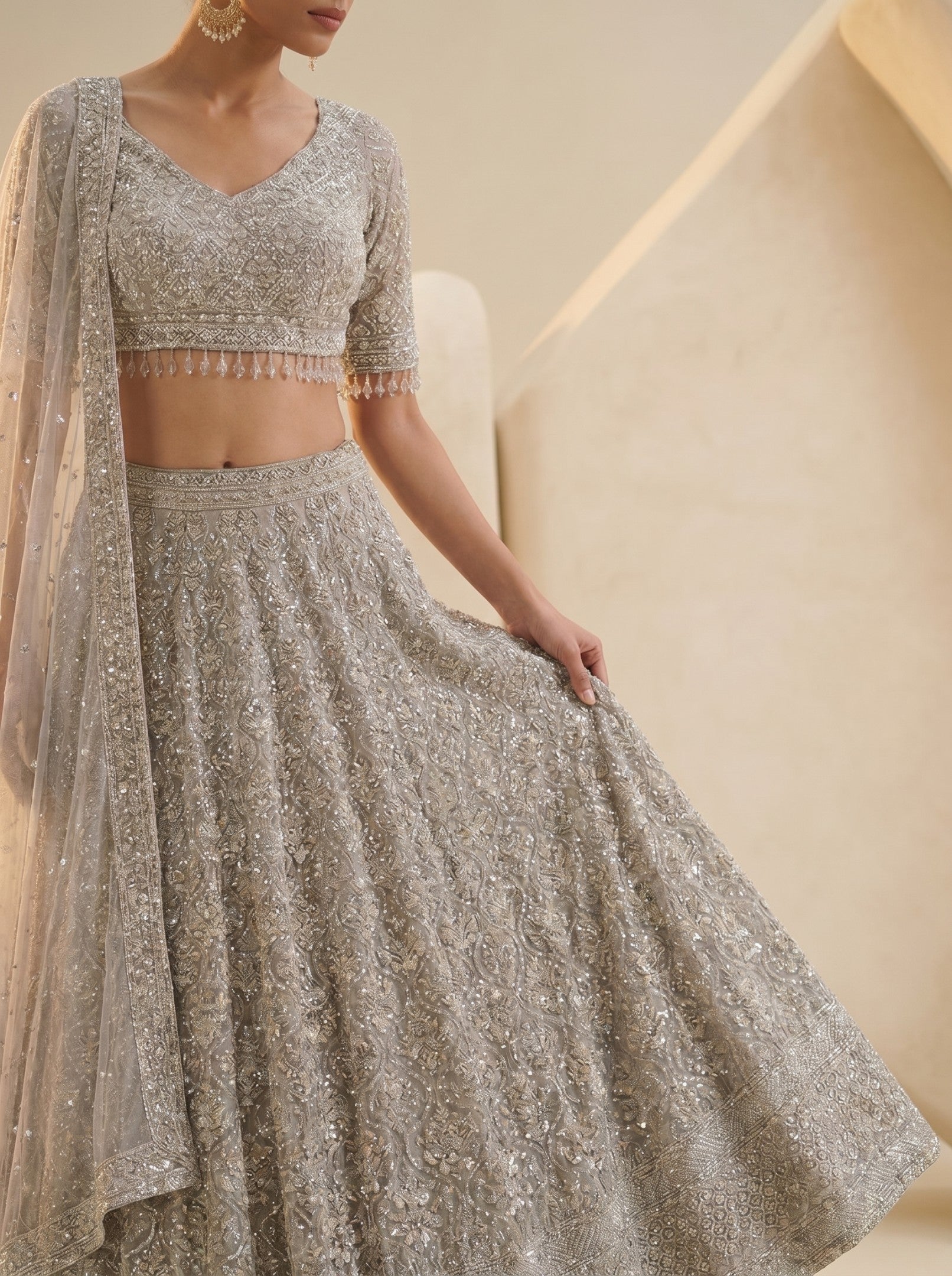 Grey Embroidered Ready Blouse With Lehenga