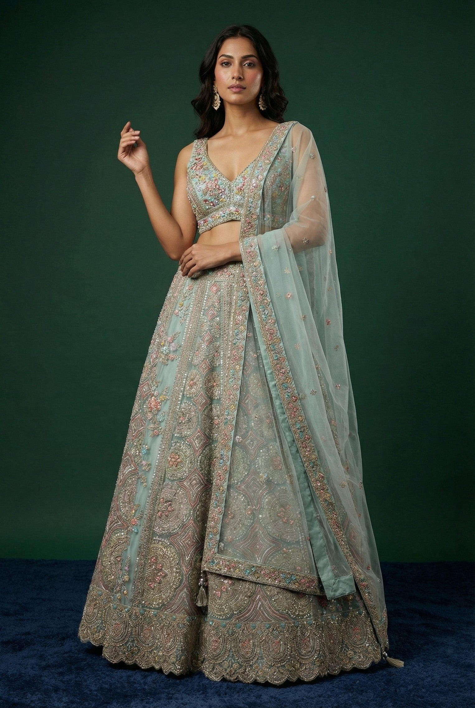 Light Green Net Embroidered Lehenga