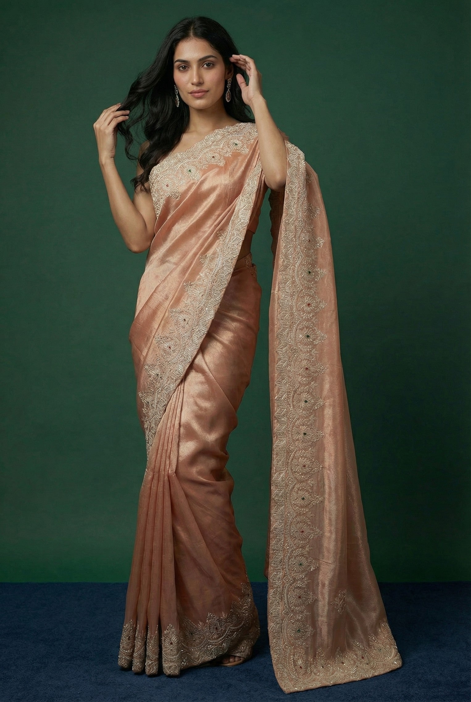Light Peach Hand Embroidered Silk Saree