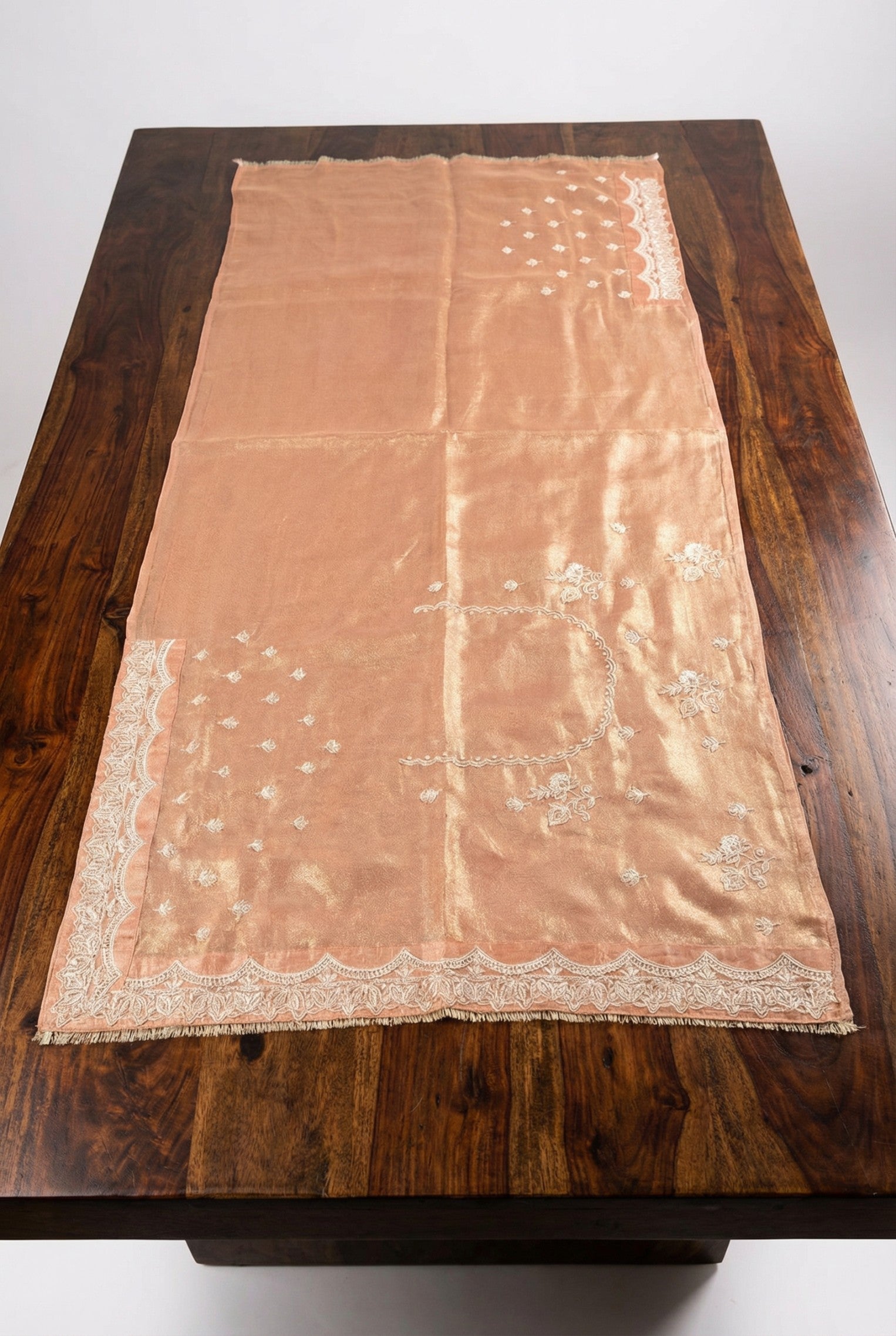 Light Peach Hand Embroidered Silk Saree