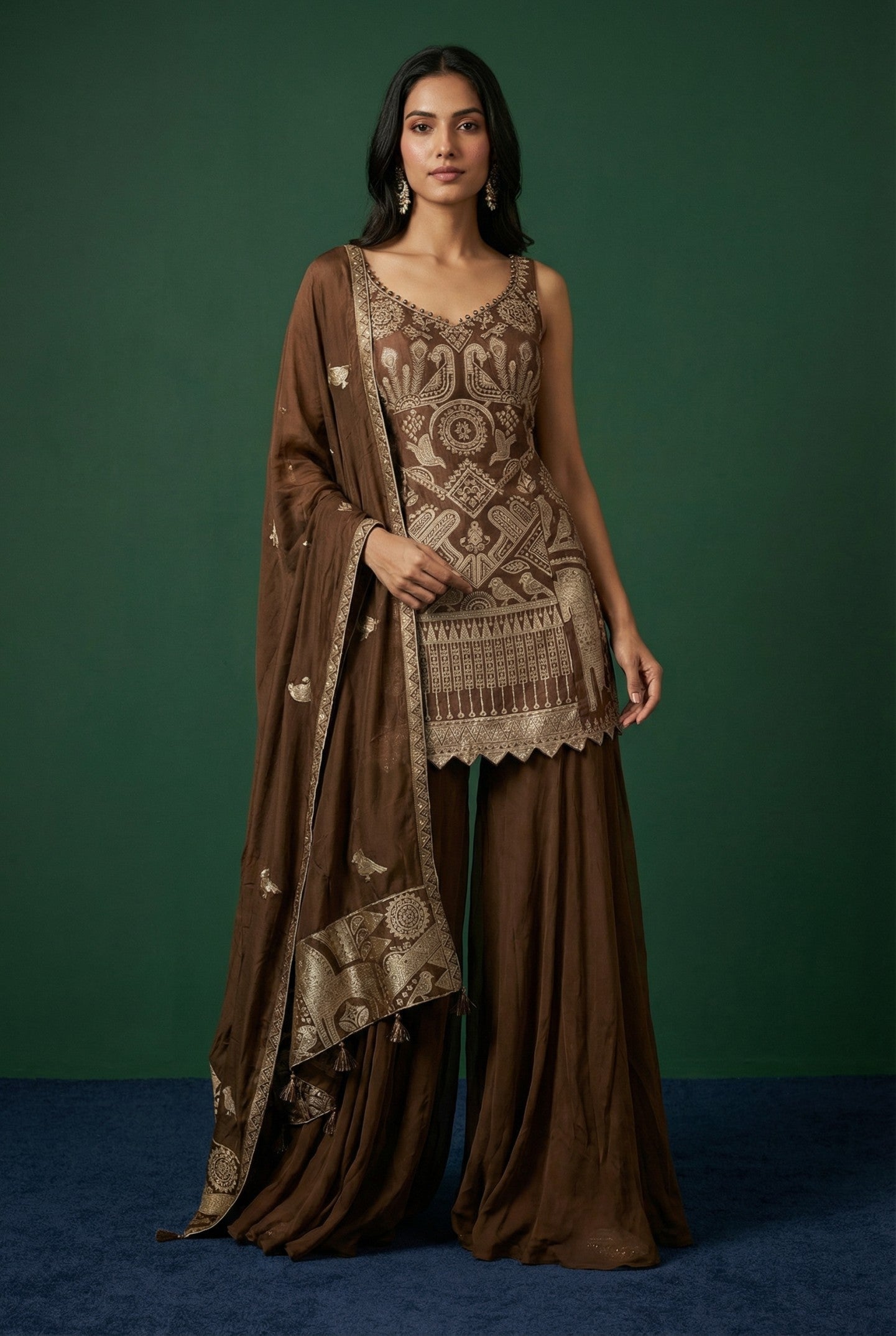 Brown Georgette Embroidered Sharara Set