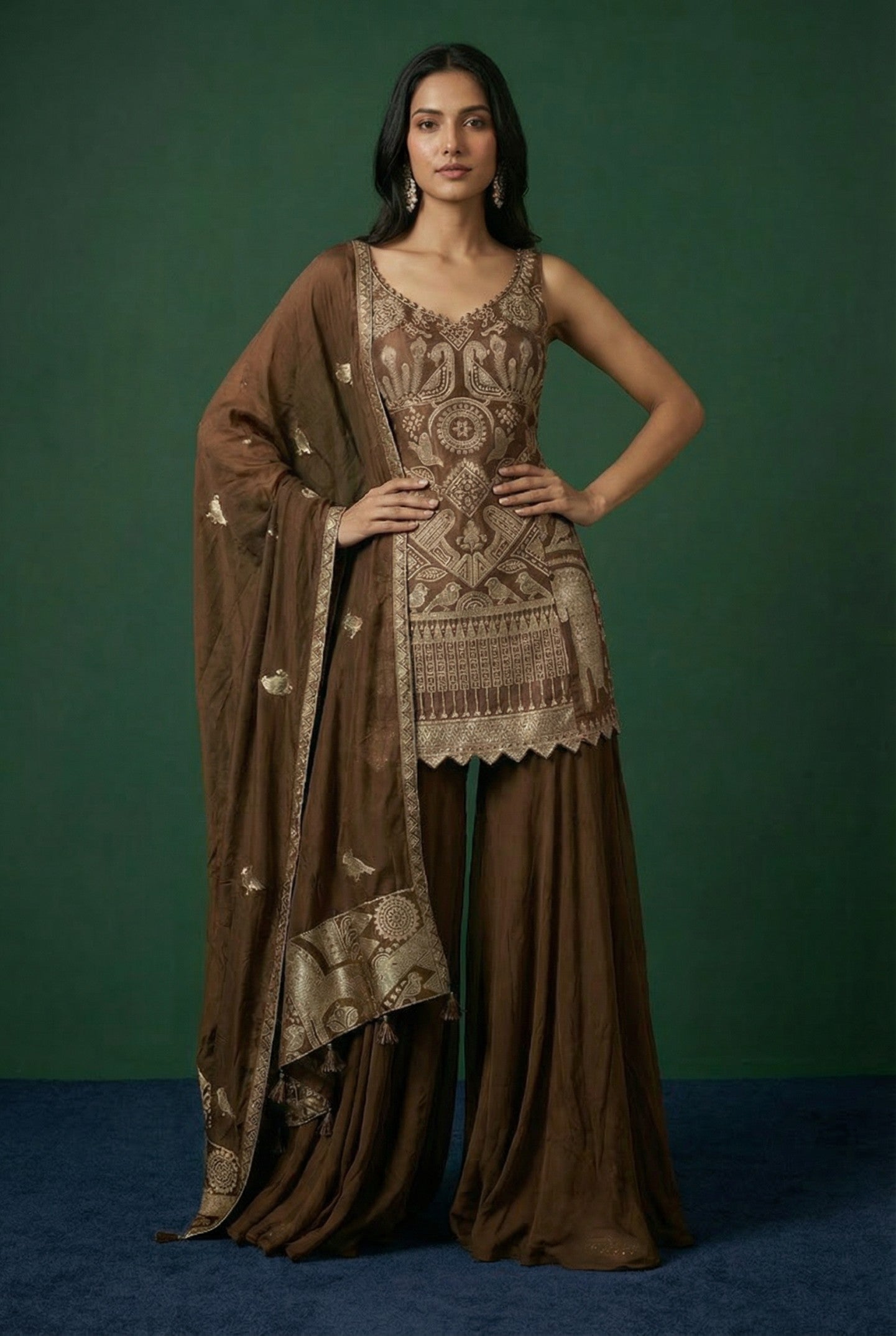 Brown Georgette Embroidered Sharara Set