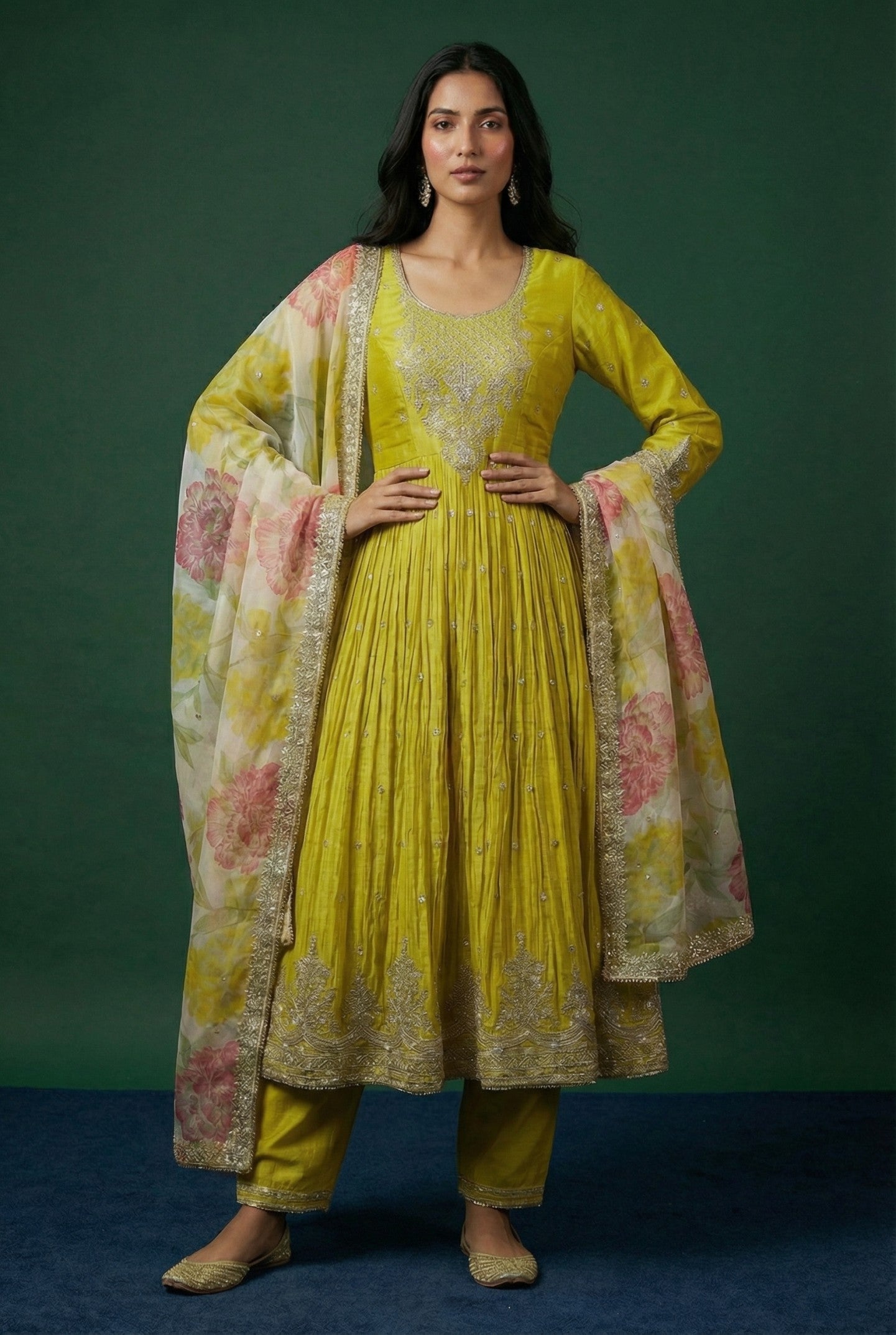 Yellow Chinnon Anarkali With Palazzo Bottom