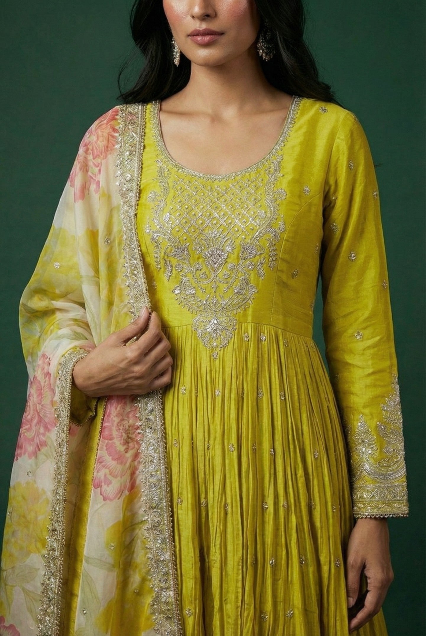 Yellow Chinnon Anarkali With Palazzo Bottom