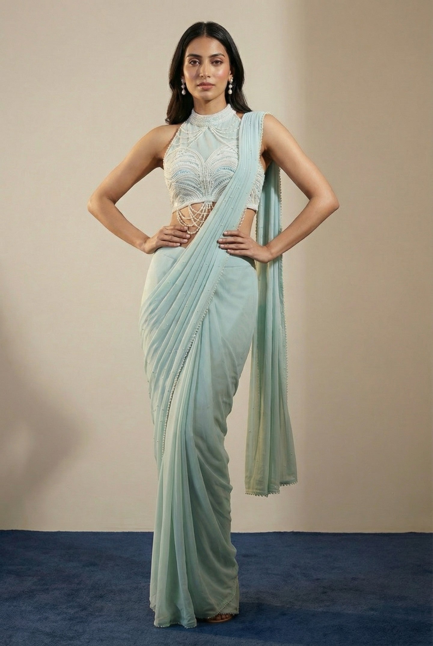 Sea Green Embroidered Drape Saree