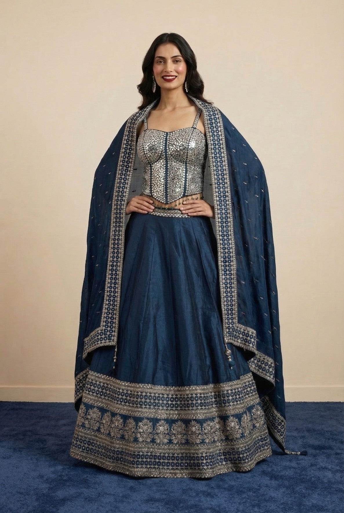 Dark Blue Mirror Work Corset Lehenga