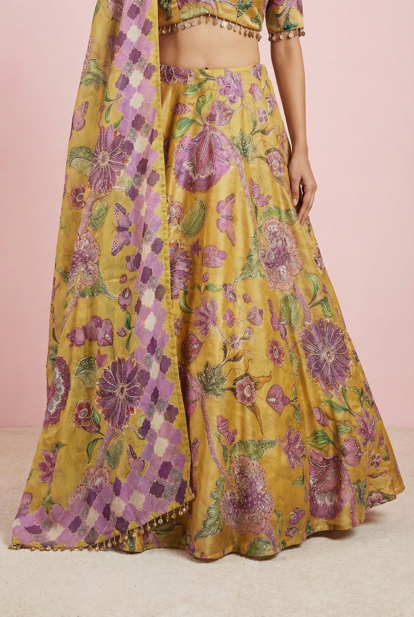Mustard Digital Printed Organza Designer Lehenga