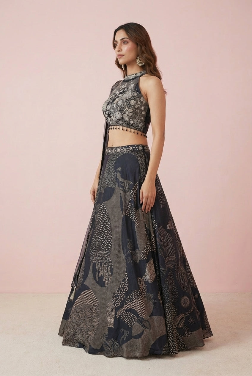 Black Printed Silk Designer Lehenga