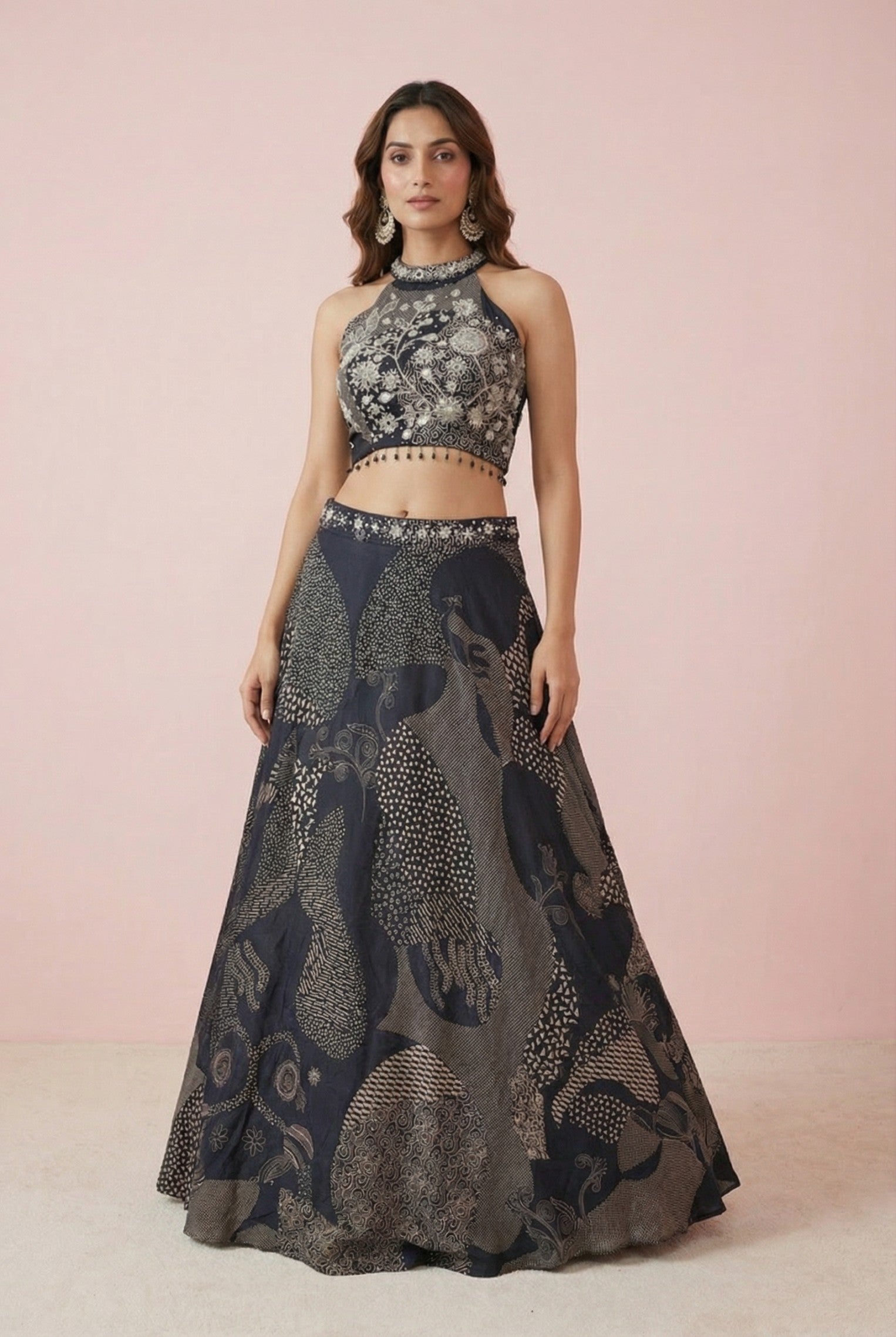 Black Printed Silk Designer Lehenga
