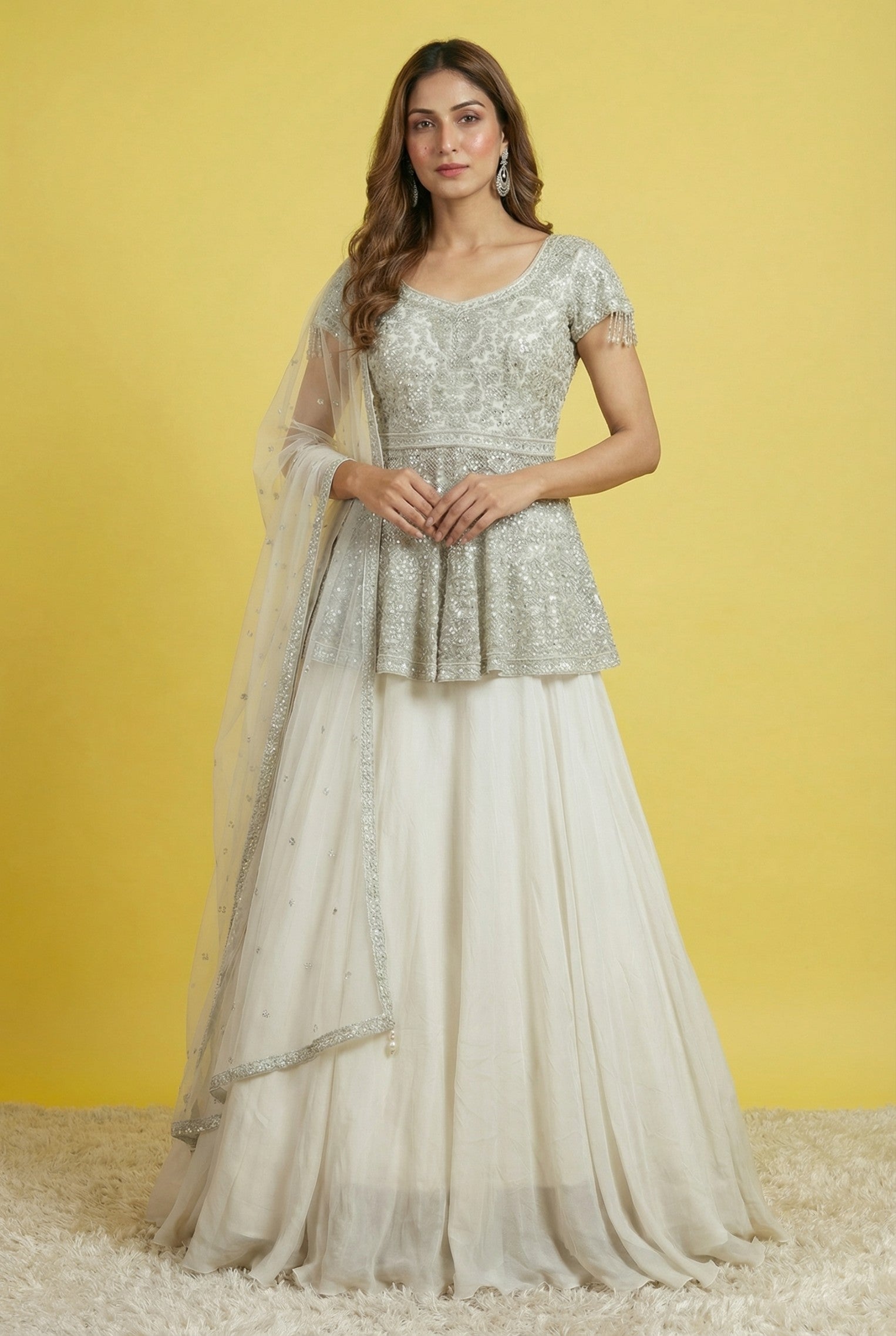 White Embroidered Chinnon Festive Lehenga